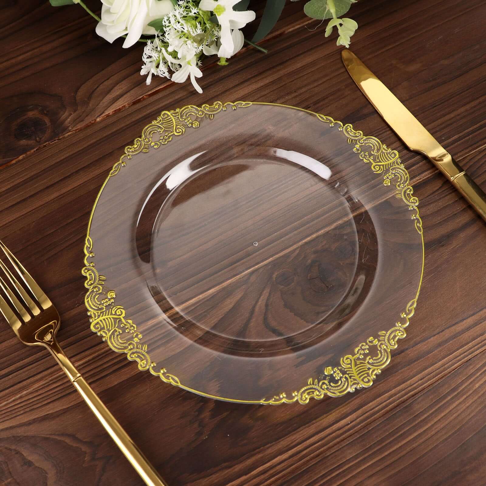 10-Pack Plastic 8 Round Dessert Plates in Clear with Gold Leaf Embossed Rim - Disposable Vintage Baroque Style Salad Plates