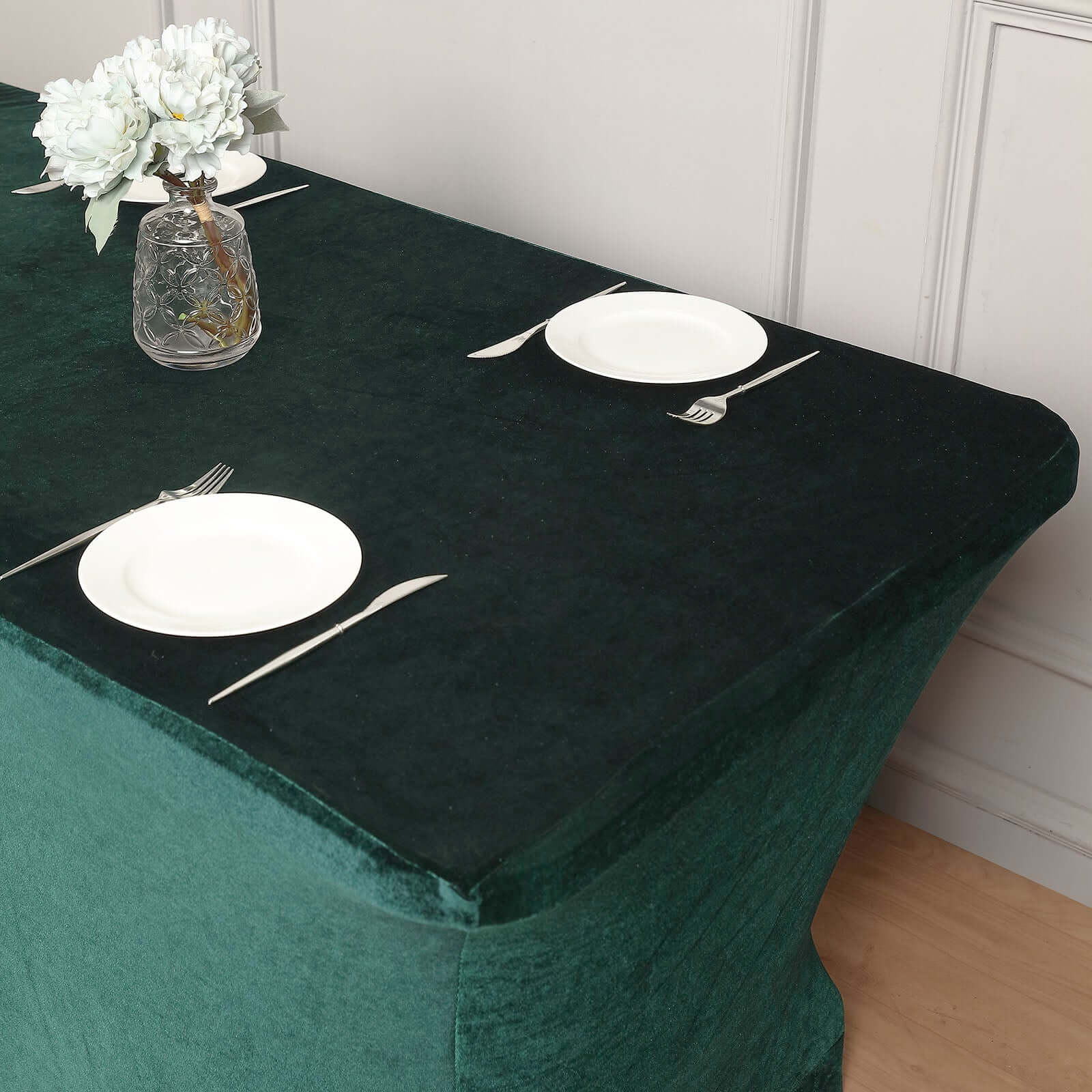 Velvet Spandex 6ft Rectangle Tablecloth Hunter Emerald Green - Fitted Wrinkle-Free Design for 72x30 Tables