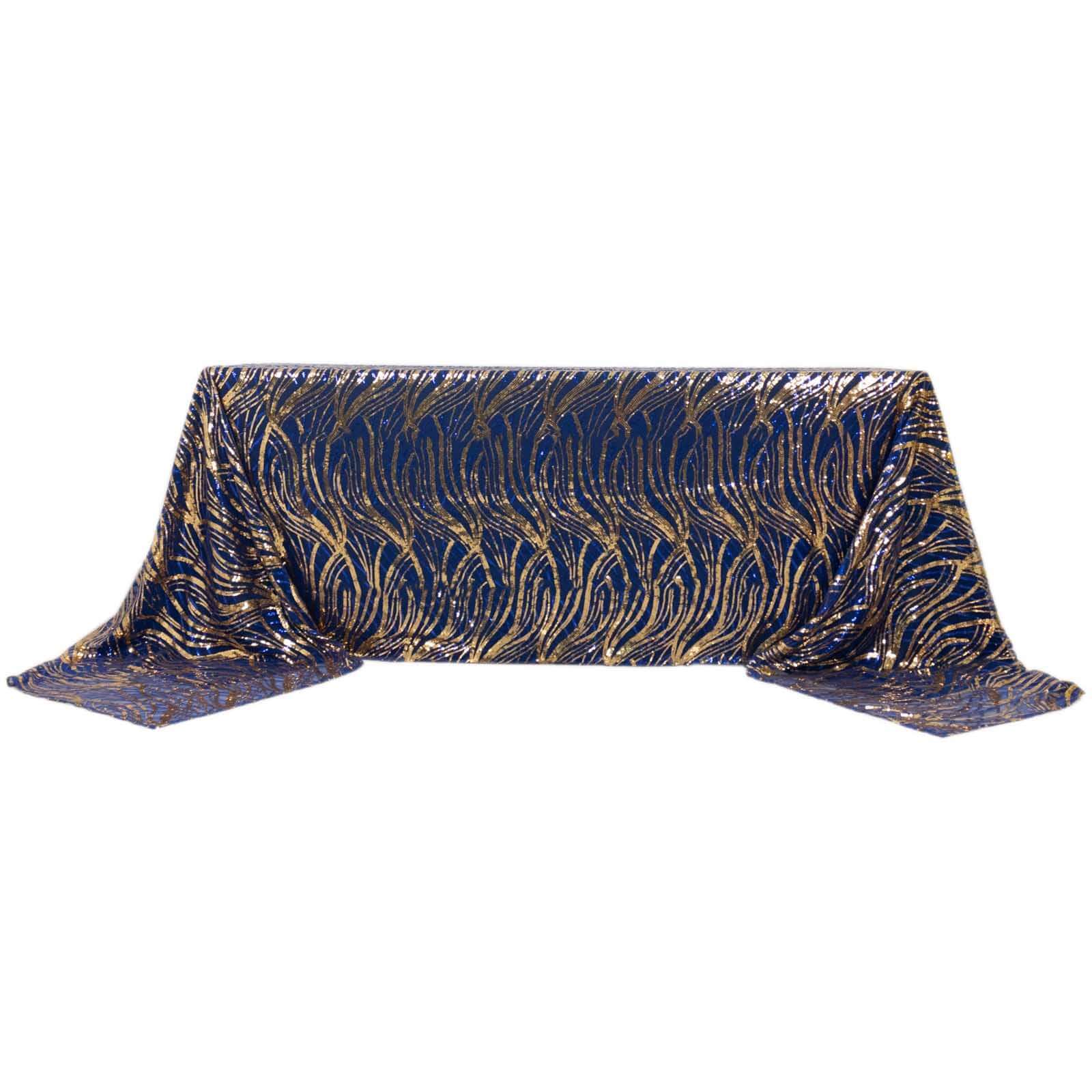 Mesh 90x156 Rectangle Tablecloth Royal Blue/Gold - Wave Sequin Embroidered Table Cover