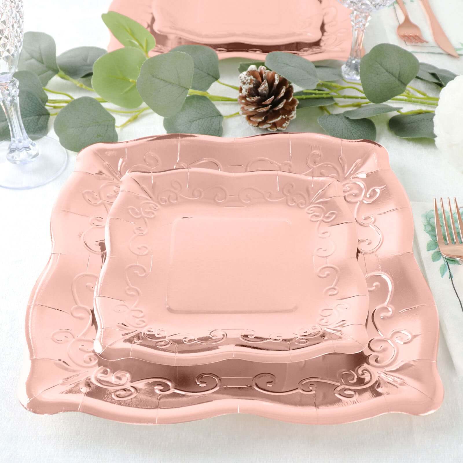 25-Pack Paper 11 Square Dinner Plates in Blush Rose Gold with Vintage Pottery Embossed Design - Shiny Metallic Disposable Serving Plates