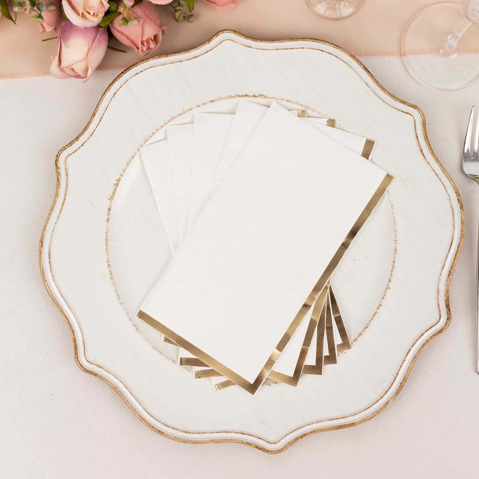 50-Pack Paper Dinner Napkins White with Gold Foil Edge 2 Ply - Stylish Disposable Napkins for Parties