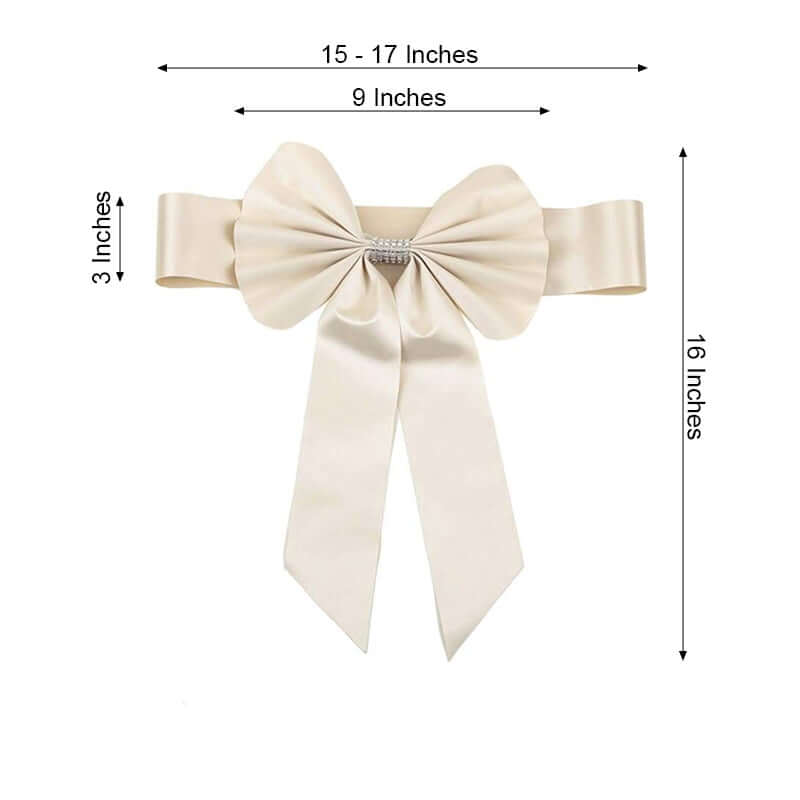 5 Pack Satin Faux Leather Chair Sashes Ivory - Durable Double Sided Pre-tied Bow Tie Chair Bands with Diamond Rhinestone Buckles