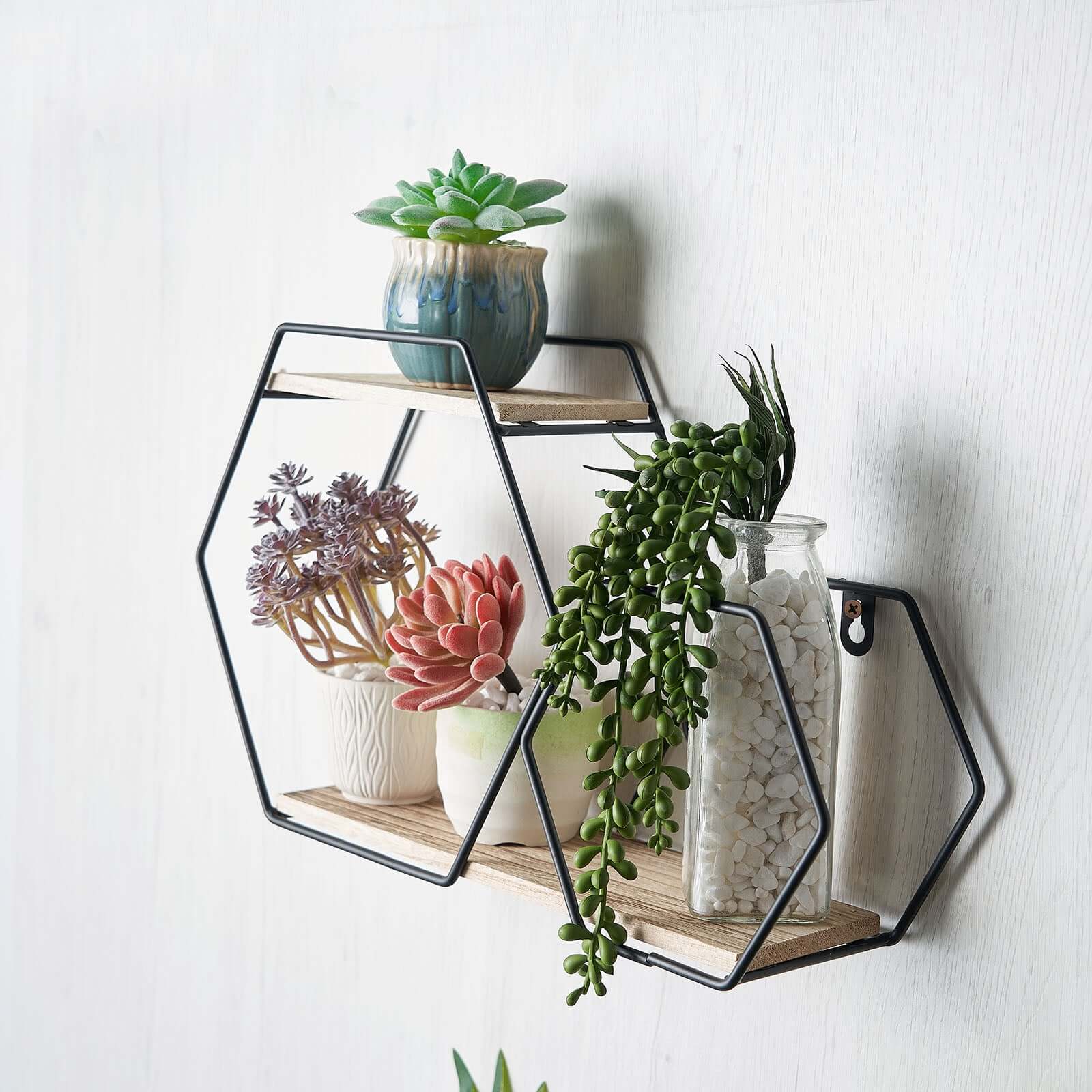 10x17 2-Tier Hexagon Floating Shelf, Dessert Display Stand With Black Double Geometric Design