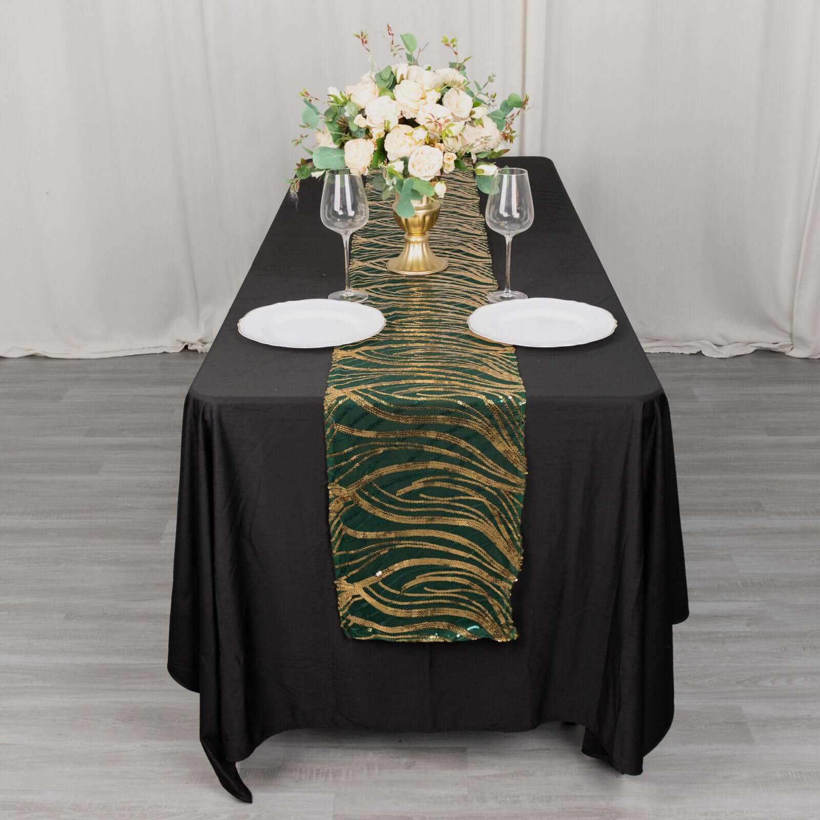 Sequin Mesh 12x108 Table Runner Hunter Emerald Green Stylish Wave Embroidery