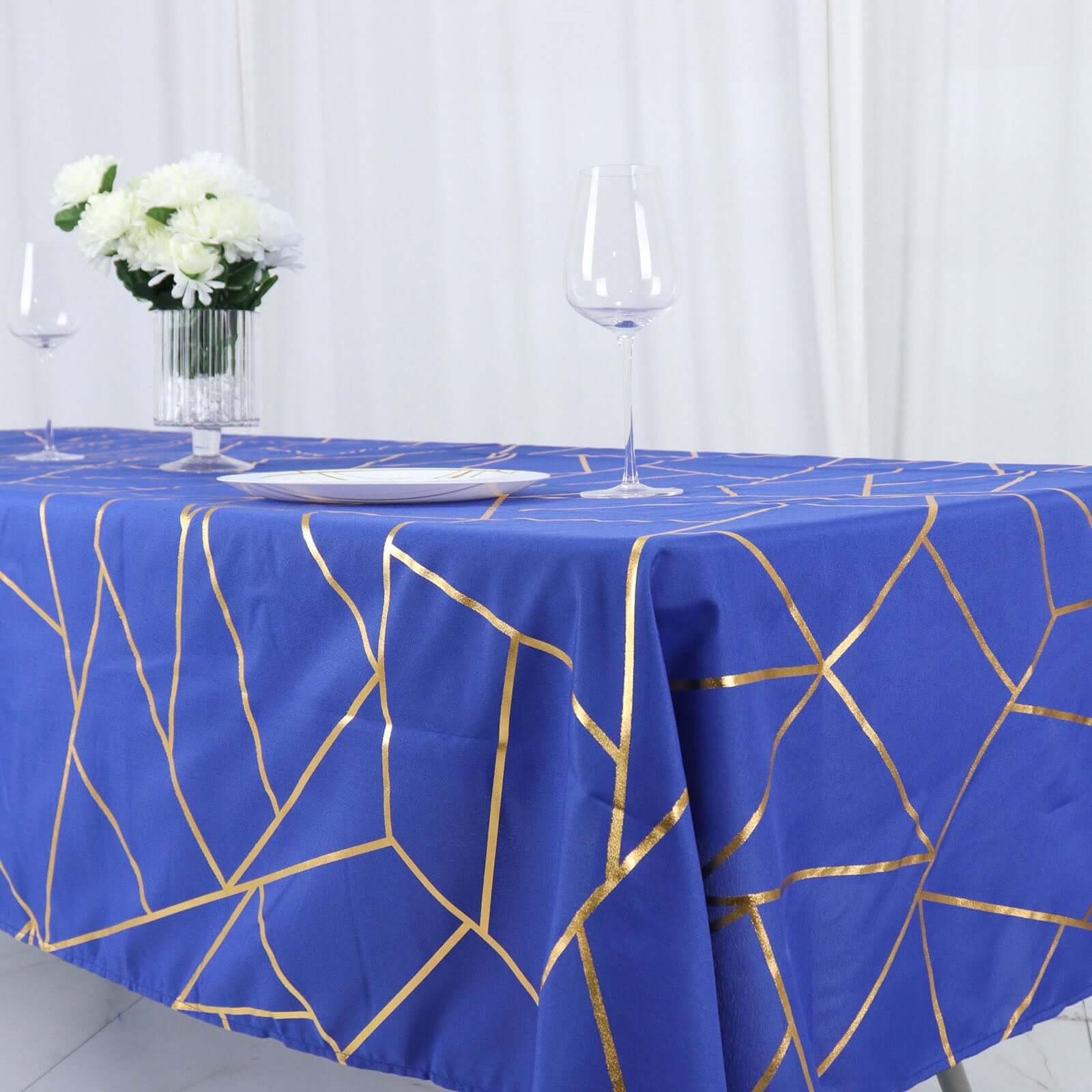 Polyester 60x102 Rectangle Tablecloth Royal Blue with Gold Foil Geometric Pattern - Wrinkle-Resistant & Durable Table Cover