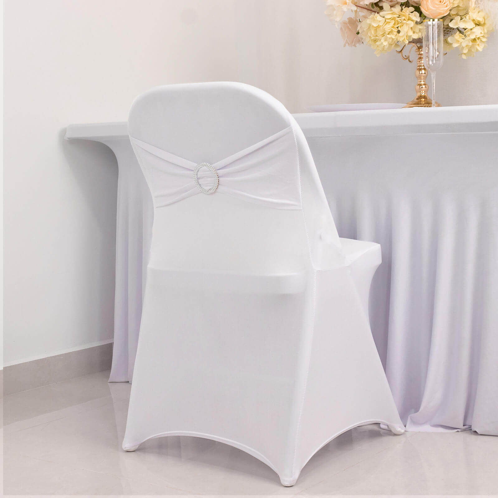 Stretch Spandex Chair Cover White for Folding Chairs - Enhanced Style & Secure Fit Slipcover with Stunning Silver Rhinestone Buckled Sash Band