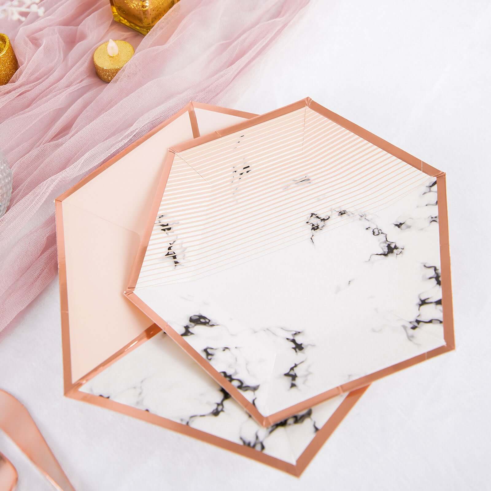 50-Pack Paper Hexagon Dinner and Dessert Plates in Blush with Marble Design & Rose Gold Foil Rim - Chic Disposable Geometric Party Plates Set for 25 Guests 8, 10