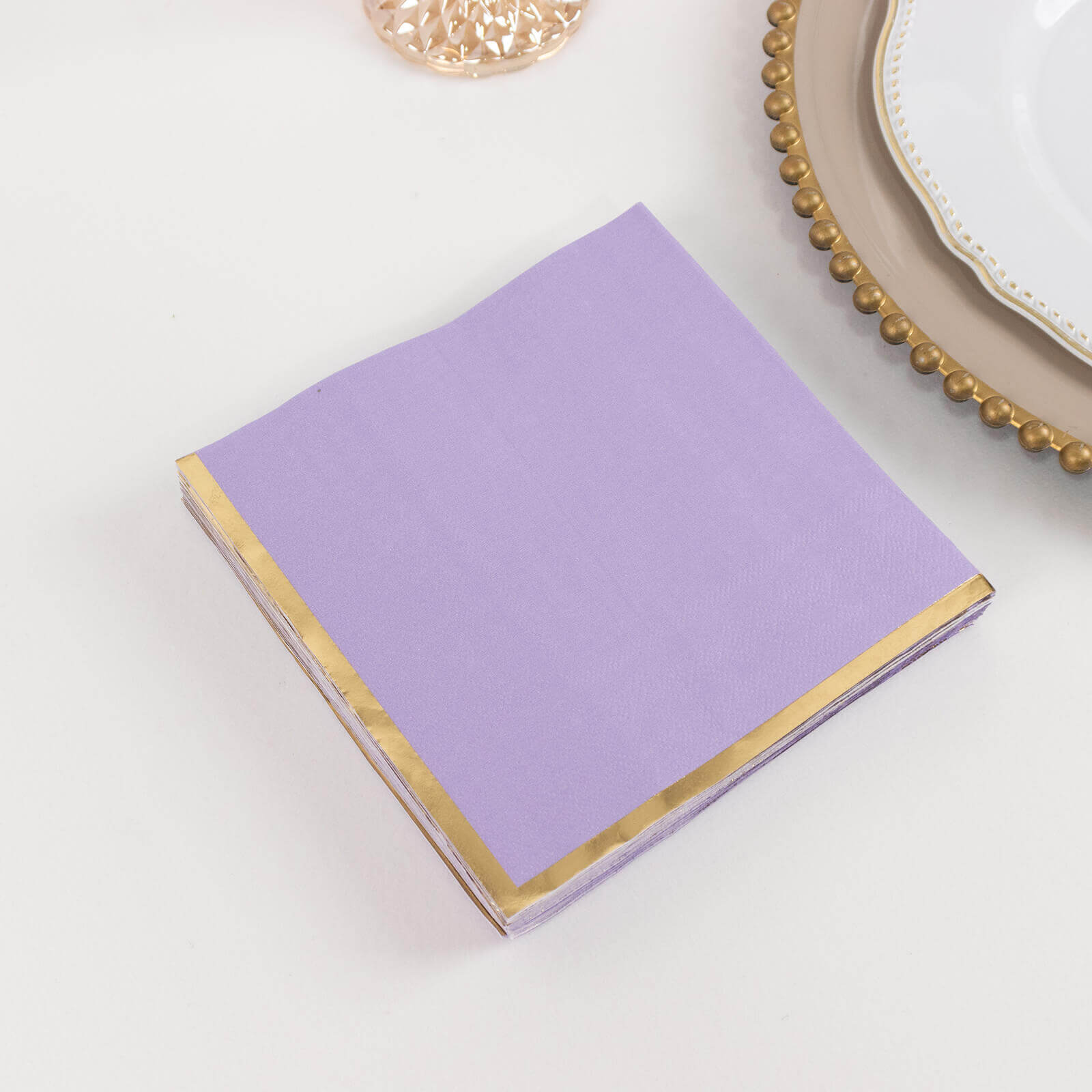 50-Pack Paper Beverage Napkins with Gold Foil Edge Lavender - Disposable 2 Ply Cocktail Napkins for Events 6.5x6.5