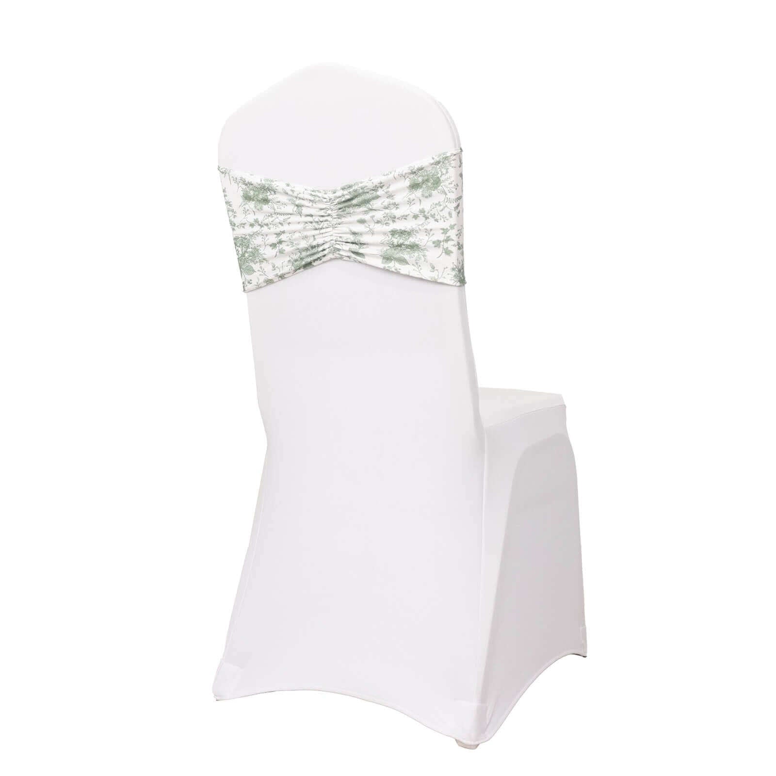 5 Pack Spandex Chair Sashes White/Dusty Sage Green French Toile Floral Pattern - Wide Wrinkle-Free Stretchable Chair Bands 8x13