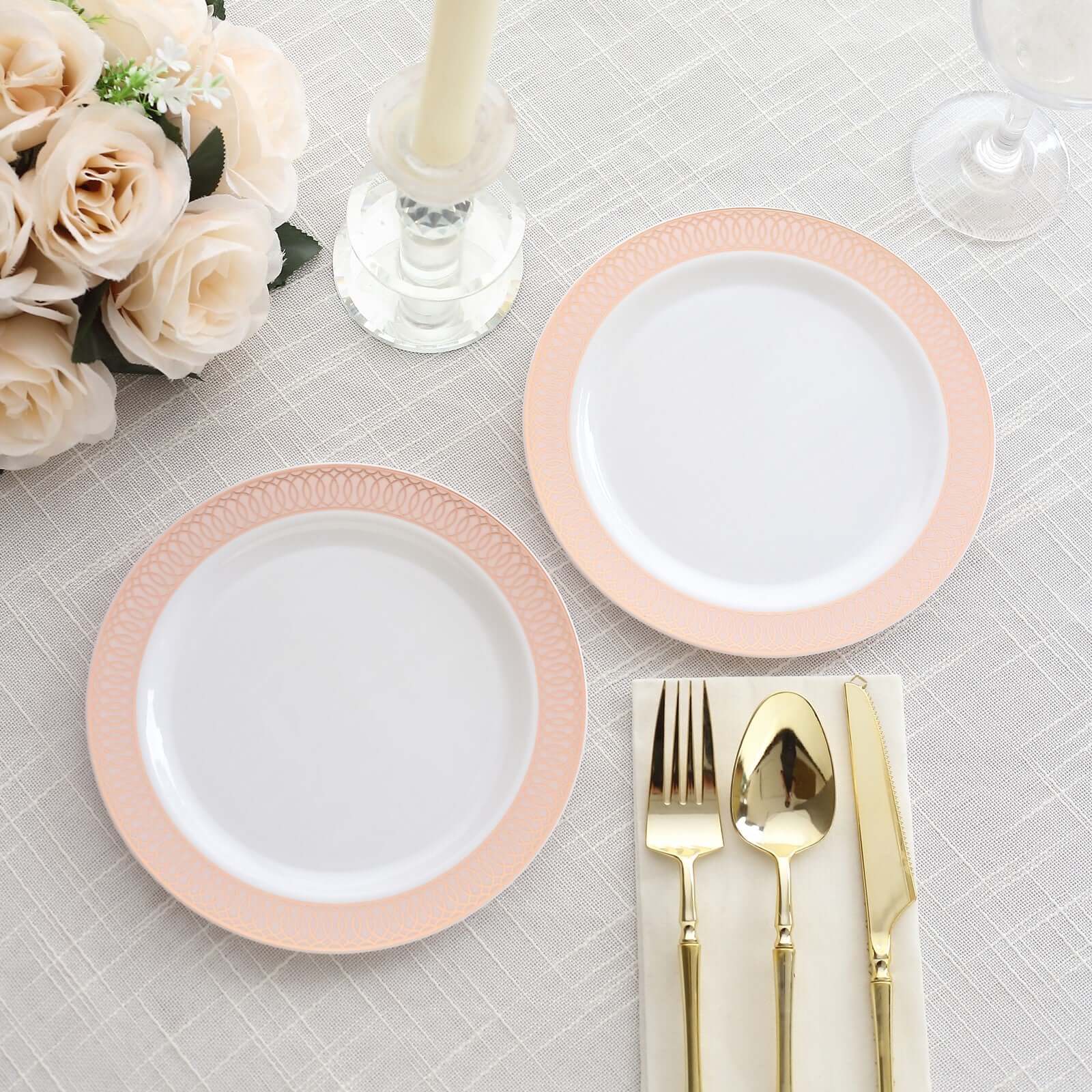 10-Pack Plastic Round Dessert Plates 7 White with Blush Rose Gold Spiral Rim - Chic Disposable Salad Plates for Events & Banquets