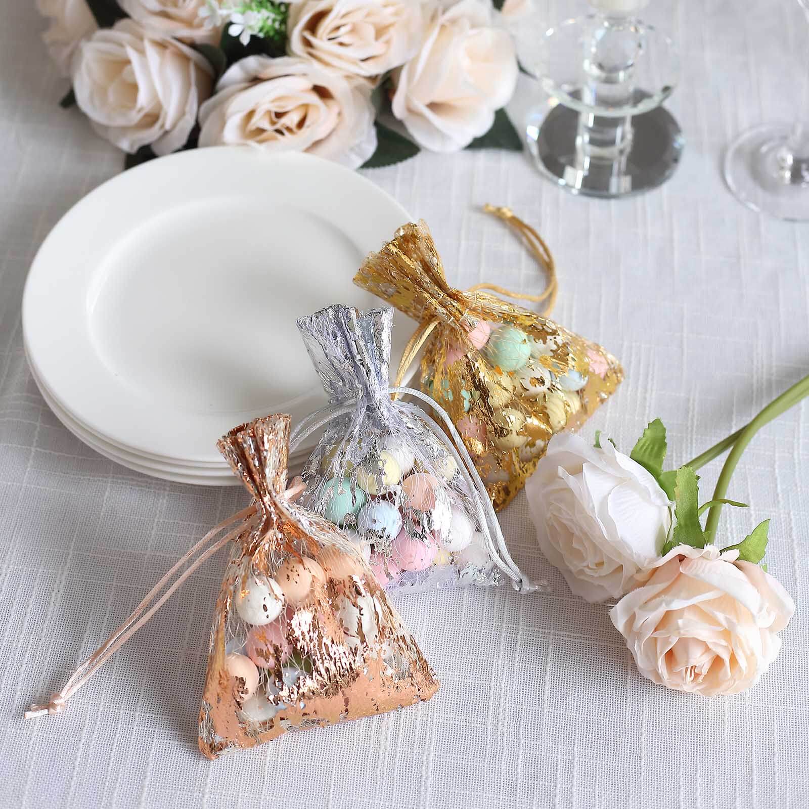 12 Pack Metallic Rose Gold Foil Polyester Drawstring Candy Bags, Wedding Party Favor Bags - 4x5