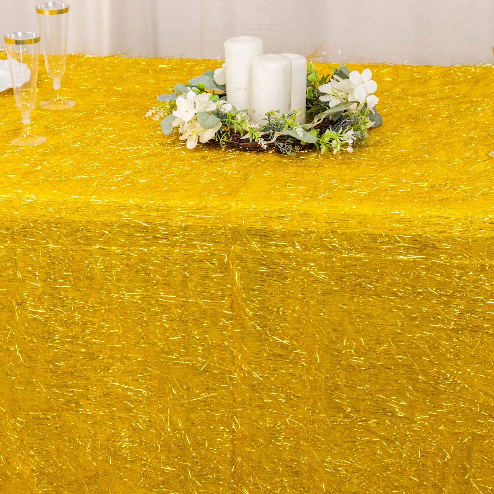 Polyester 90x156 Rectangle Tablecloth Gold Metallic Fringe Shag Tinsel Design Table Cover for Events Decor