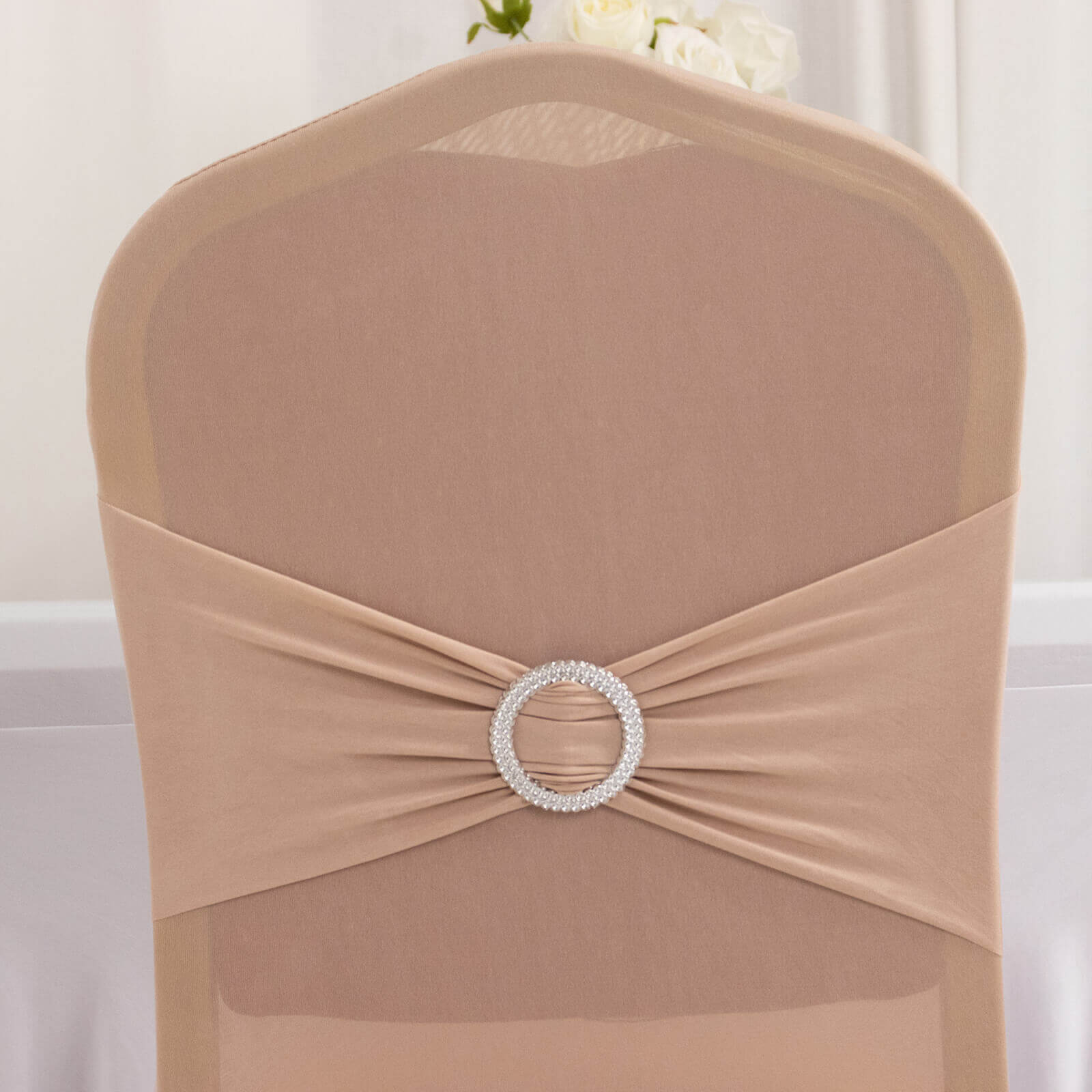 Spandex Chair Cover with Nude Rhinestone Buckled Sash Band Blush - Stretch Fitted Slipcover