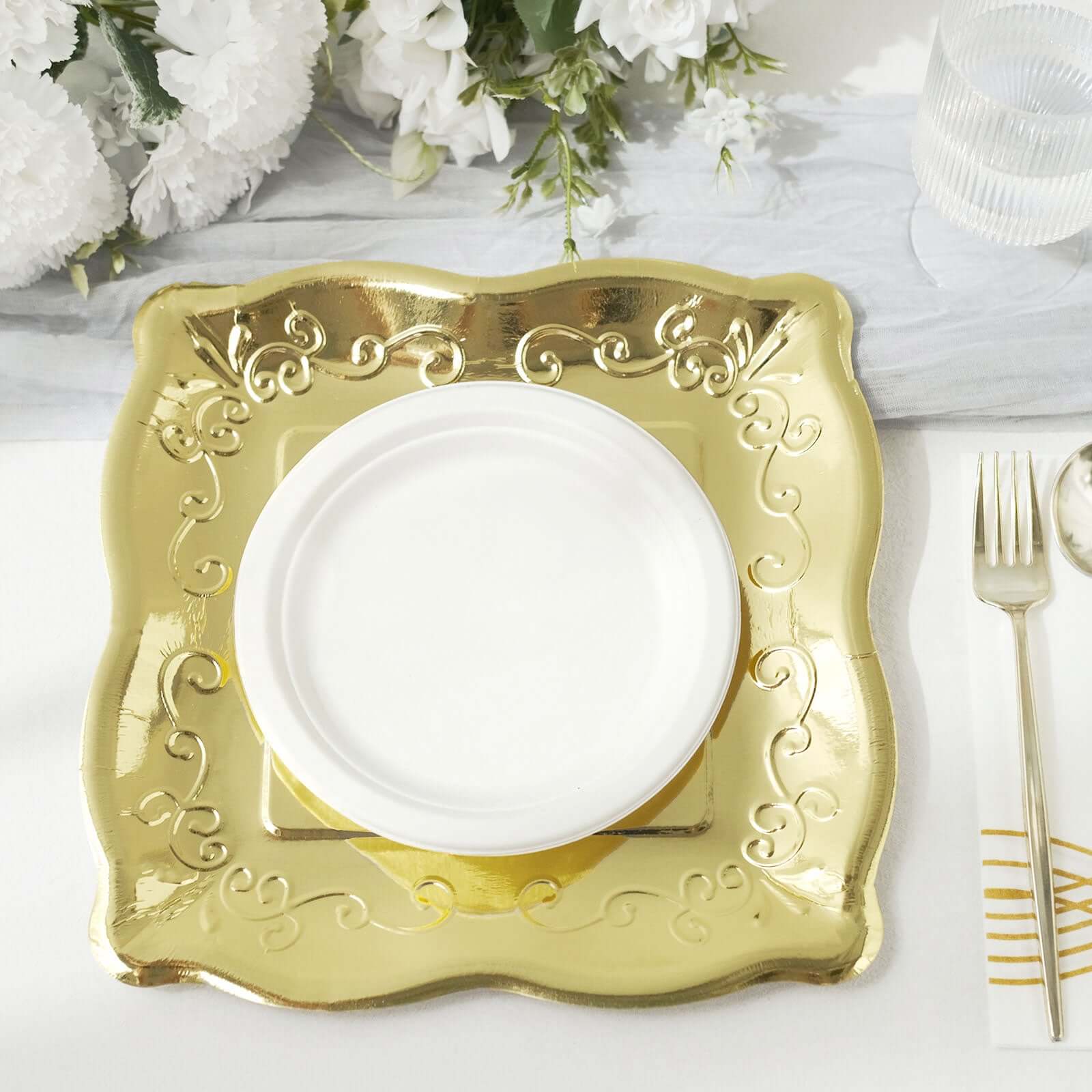 25-Pack Paper 11 Square Dinner Plates in Gold with Vintage Pottery Embossed Design - Shiny Metallic Disposable Serving Plates for Glamorous Dinners & Events