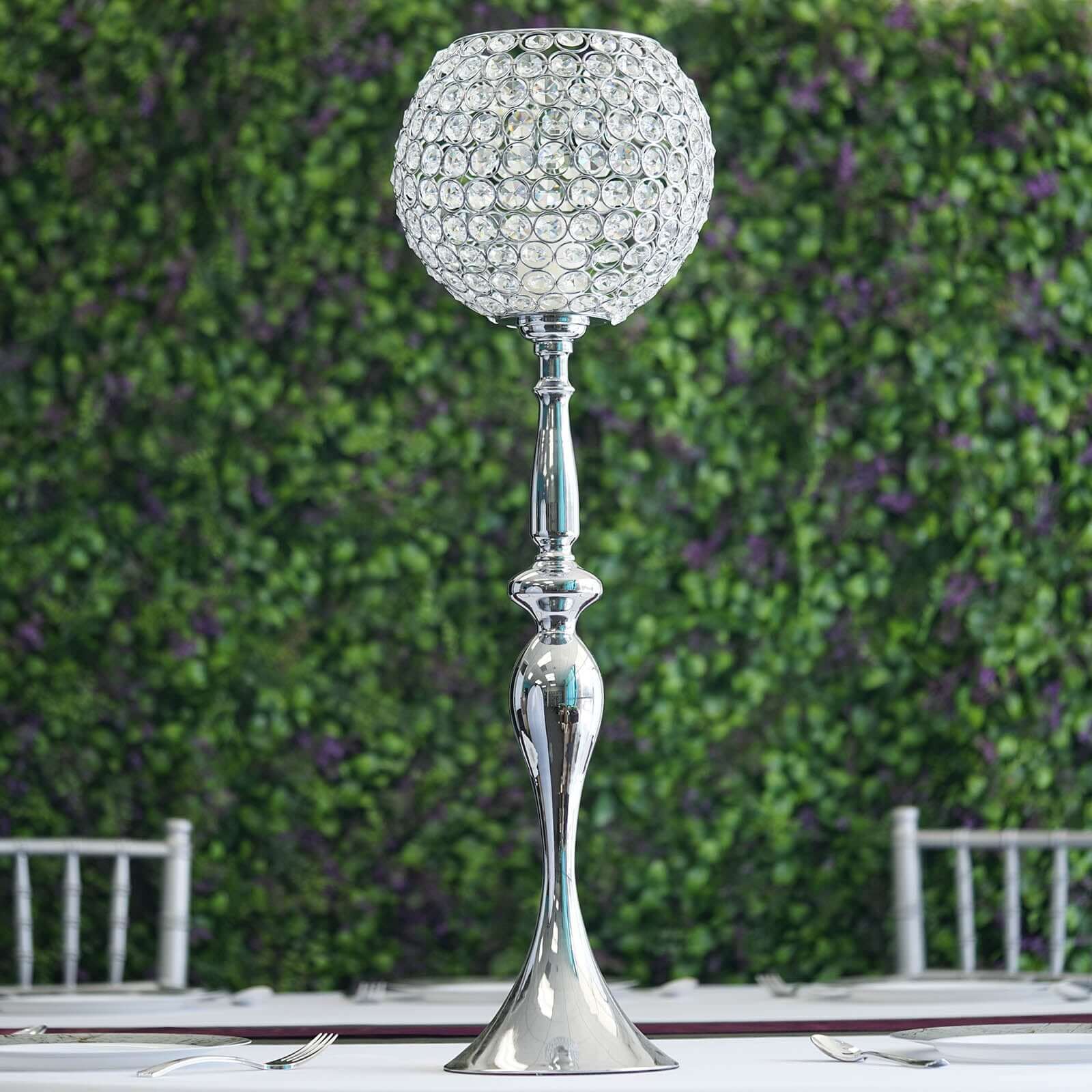 Acrylic Crystal Beaded Goblet Candle Holder Silver - Exquisite Flower Ball Centerpiece Stand for High-End Event Styling 30