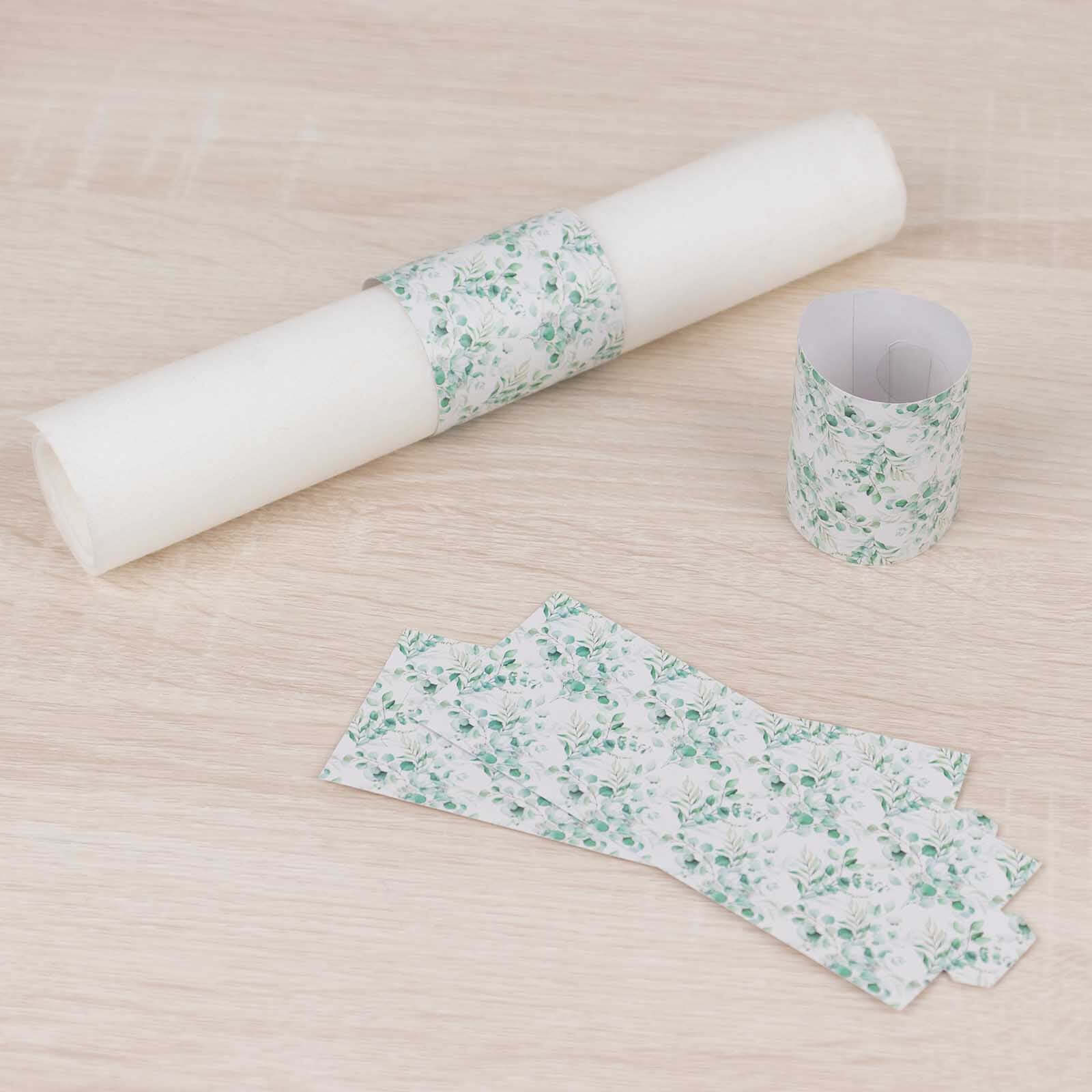 50 Pack White Green Paper Napkin Holder Bands with Eucalyptus Leaves, Disposable Napkin Rings - 1.5