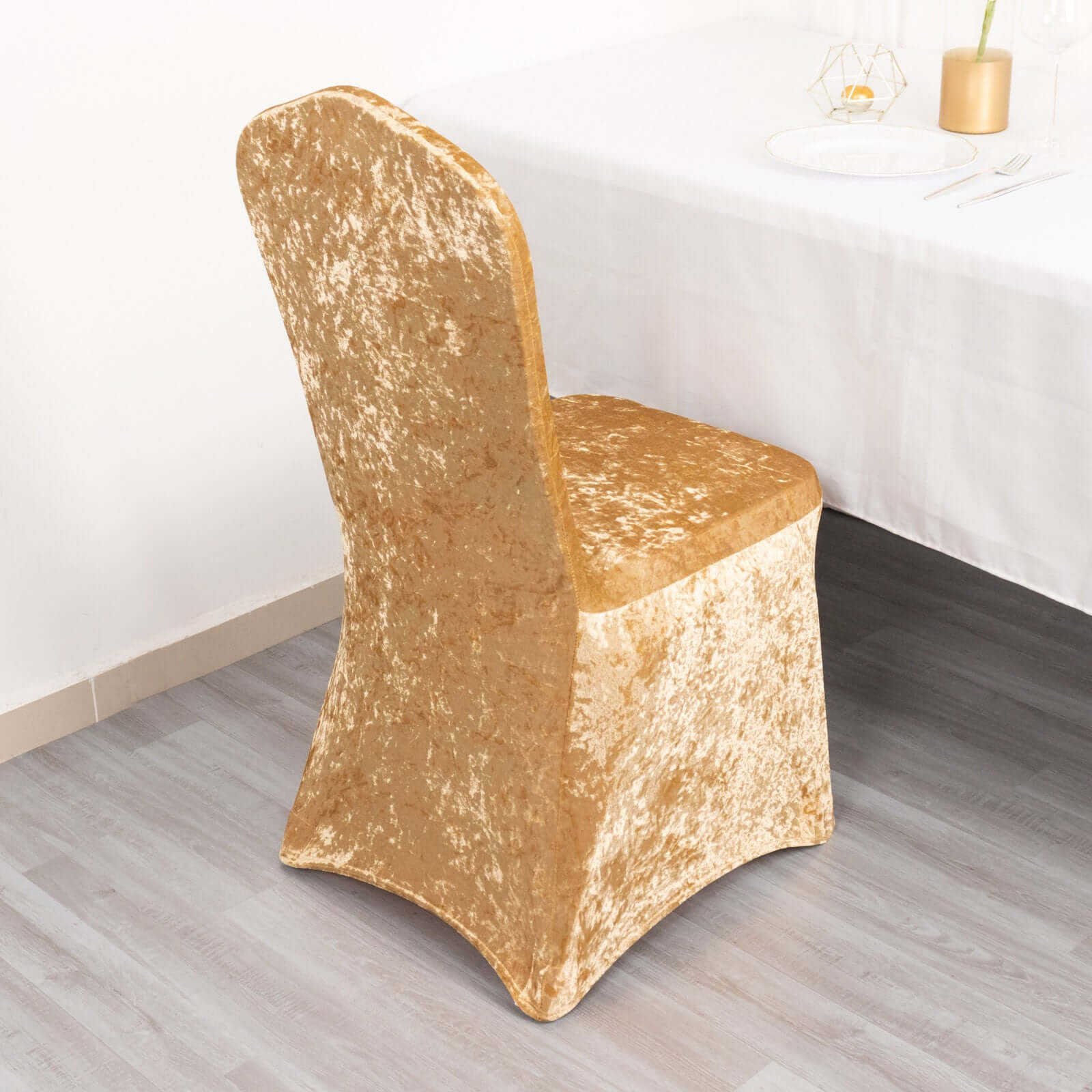 Crushed Velvet Spandex Banquet Chair Cover Fitted Slipcover Champagne - Stretch 190GSM Slipcover with Foot Pockets