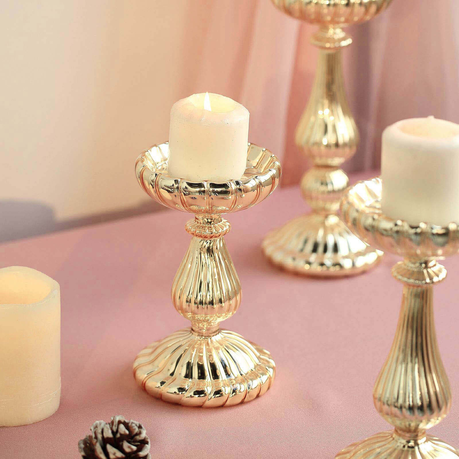 Set of 3 Candle Holder Stands Gold Mercury Glass Pillar Design - Stylish Votive Centerpieces for Tables & Decor 7, 8, 10