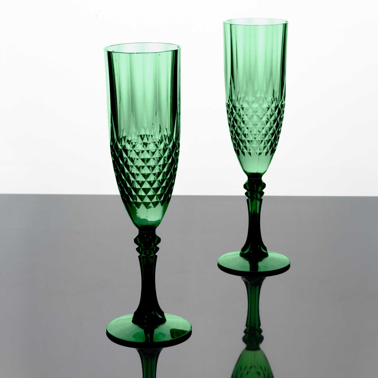 6-Pack Plastic Wedding Toast Flutes Hunter Emerald Green Transparent Crystal Cut Style - Reusable Champagne Glasses 8oz