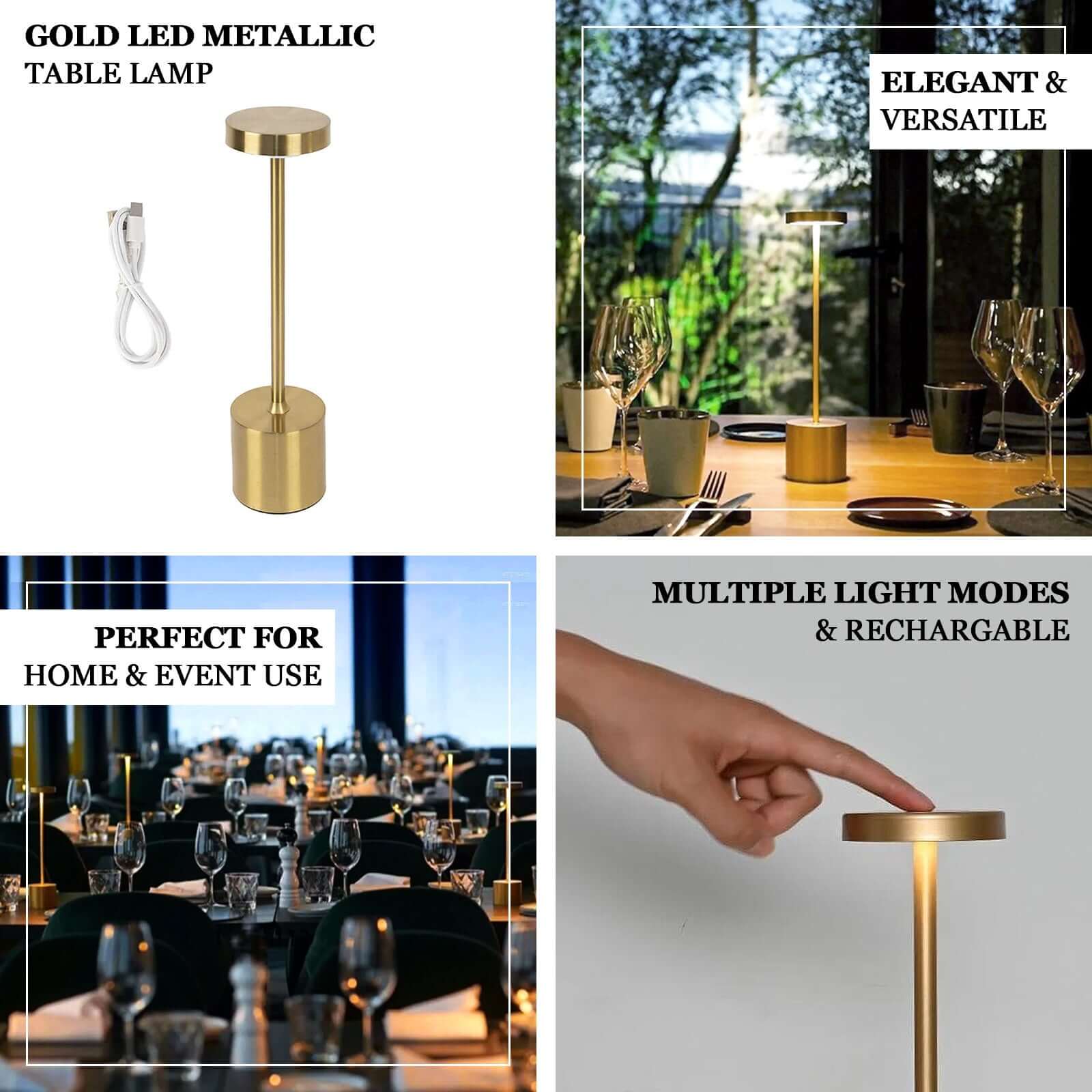 Cordless Table Lamp Modern Metal Gold Design LED Dimmable with Touch Control - Rechargeable Night Light 13