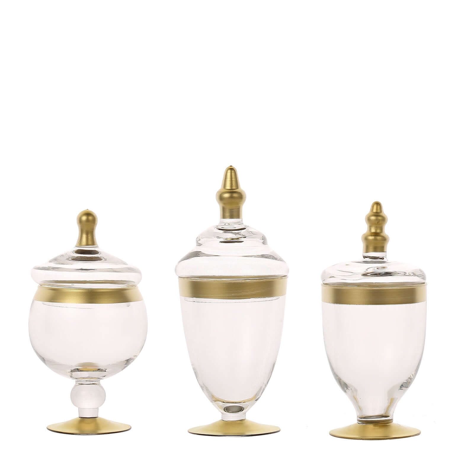 Set of 3 Glass Jars Apothecary Design Clear with Gold Trim and Snap-On Lids - Stylish Decorative Candy Buffet Storage 8.5, 9, 10