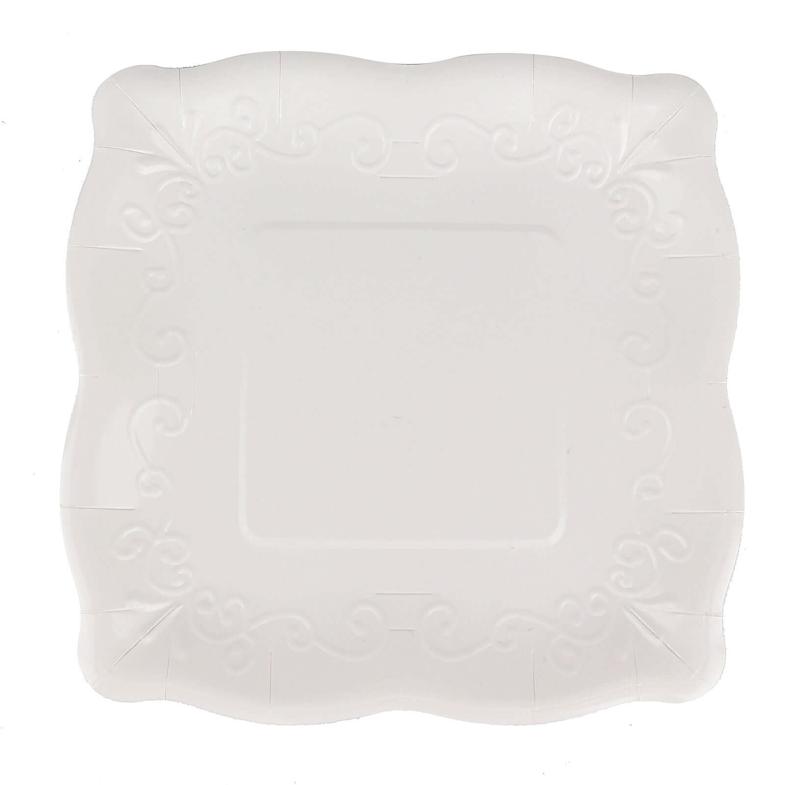 25-Pack Paper 11 Square Dinner Plates in White with Vintage Pottery Embossed Design - Shiny Disposable Serving Plates