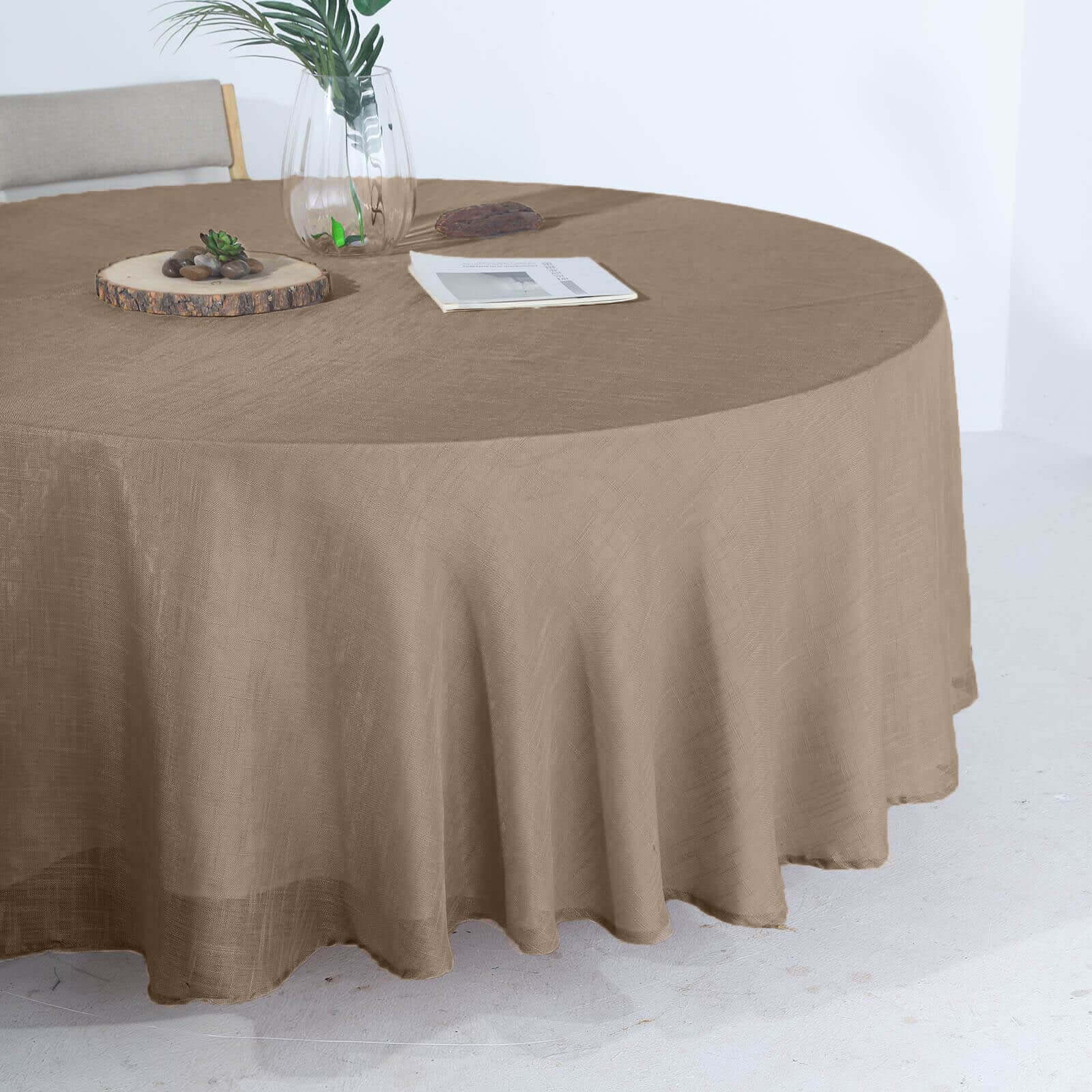 Faux Linen 108 Round Tablecloth Taupe - Slubby Textured & Wrinkle Resistant Table Cover