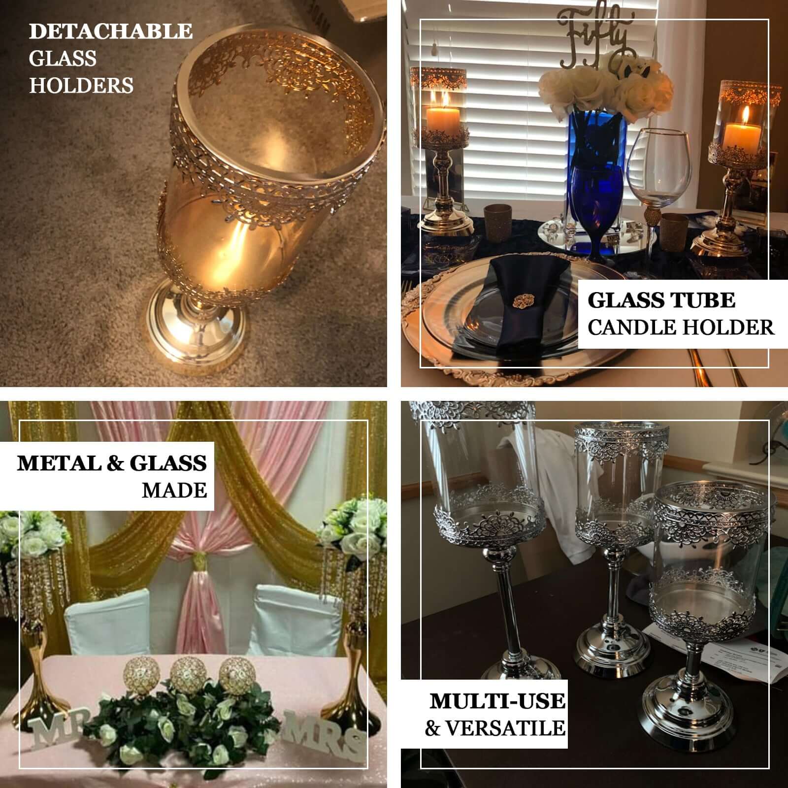 Set of 3 Lace Votive Candle Stands Antique Gold with Hurricane Glass Shades - Refined Pillar Candle Holders 13, 15, 17