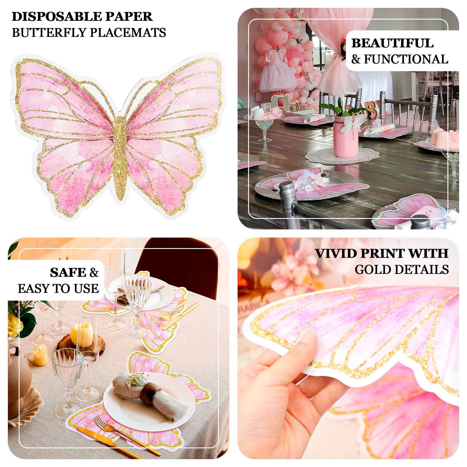 10-Pack Disposable Table Placemats with White Butterfly Design & Gold Glitters - 400GSM Cardboard Placemats for Kids' Parties, Baby Showers & Celebrations 14