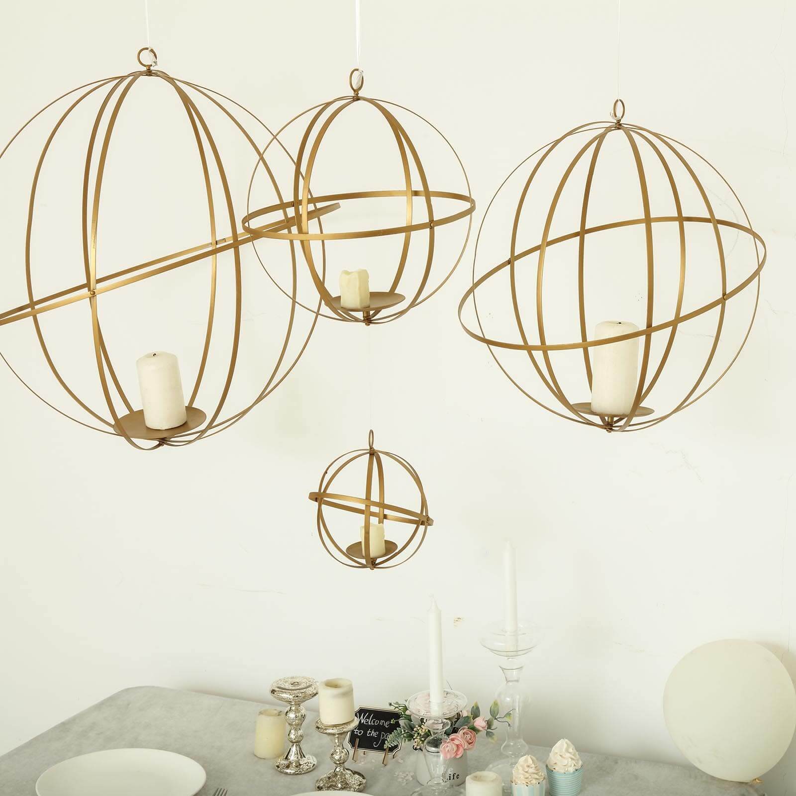 Hanging Sphere Candle Holder Gold Wrought Iron Open Frame Floral Display - Centerpiece Ball 12