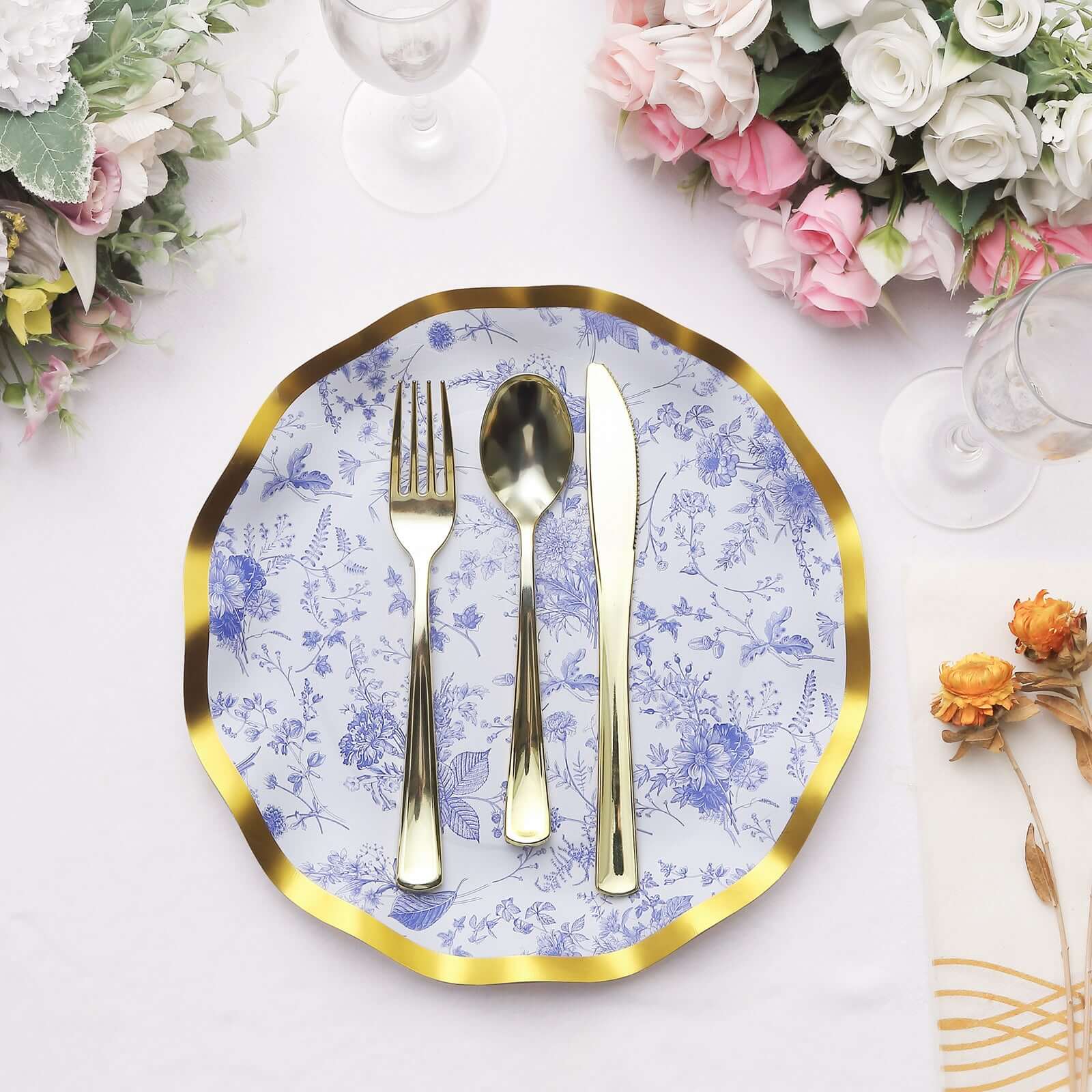 25-Pack Paper Round Dinner Plates 10 in White with Blue French Toile Pattern & Gold Wavy Rim - Disposable 350GSM Party Plates