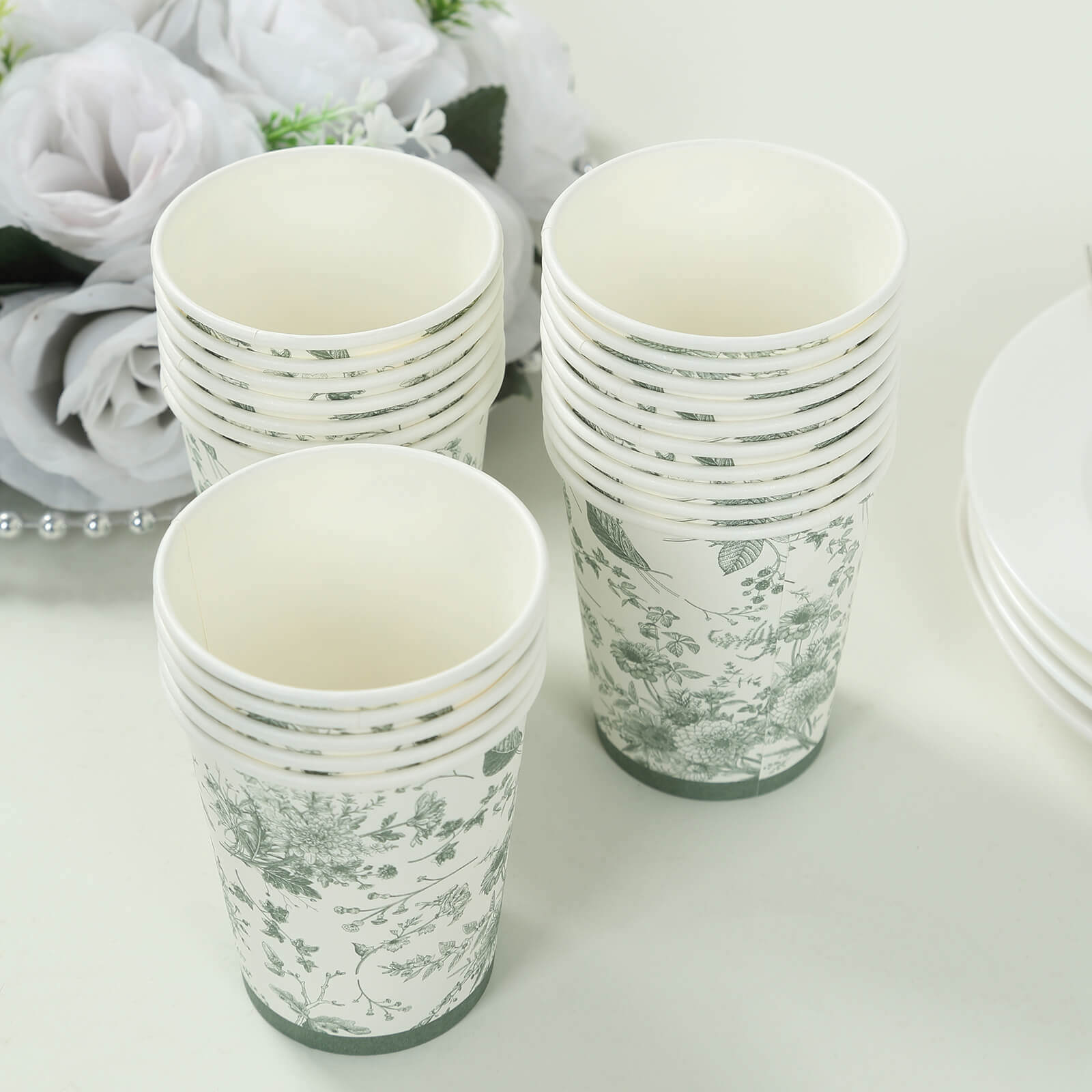 24-Pack Paper Cups White with Sage Green French Toile Print - Stylish Disposable Floral Party Cups for Hot & Cold Beverages 9oz