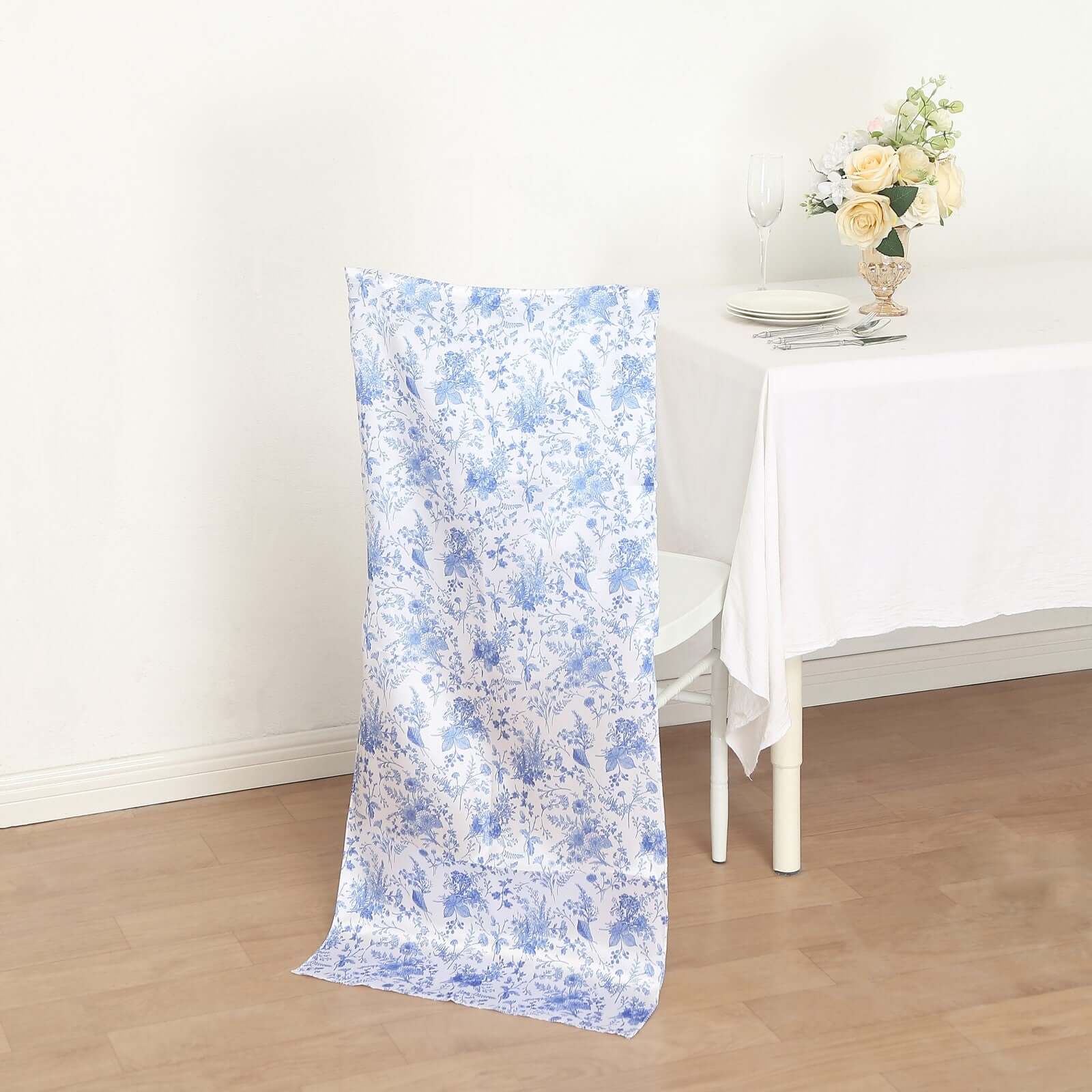 Satin Chair Slipcover French Toile Floral Print for Chiavari Chairs White/Blue - Stylish Wedding Chair Back Cover