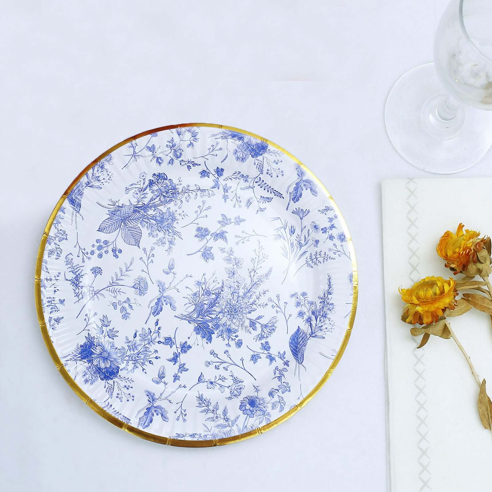 25-Pack Paper 7 Round Dessert Plates in White with Light Blue French Toile Pattern & Gold Rim - Disposable Salad Appetizer Plates for Luncheons & Garden Themes