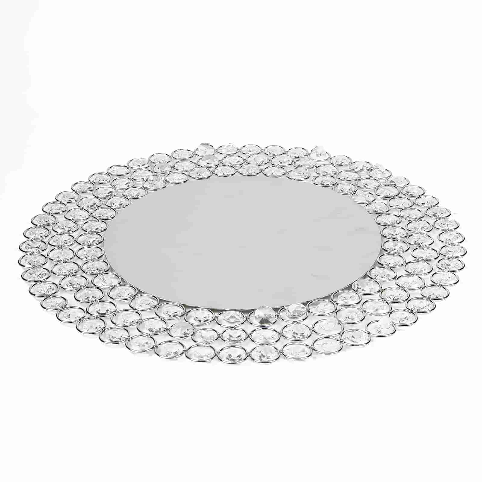 Wired Metal Round Charger Plate 14 in SIlver with Acrylic Crystal Beads, Glamorous Decorative Dinner Charger Tableware