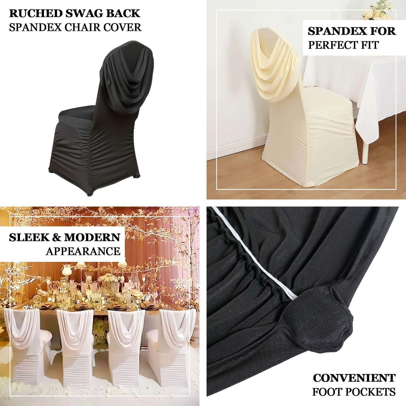 Spandex Chair Cover with Ruched Swag Back and Foot Pockets for Banquet Chairs Ivory - Fitted Slipcover