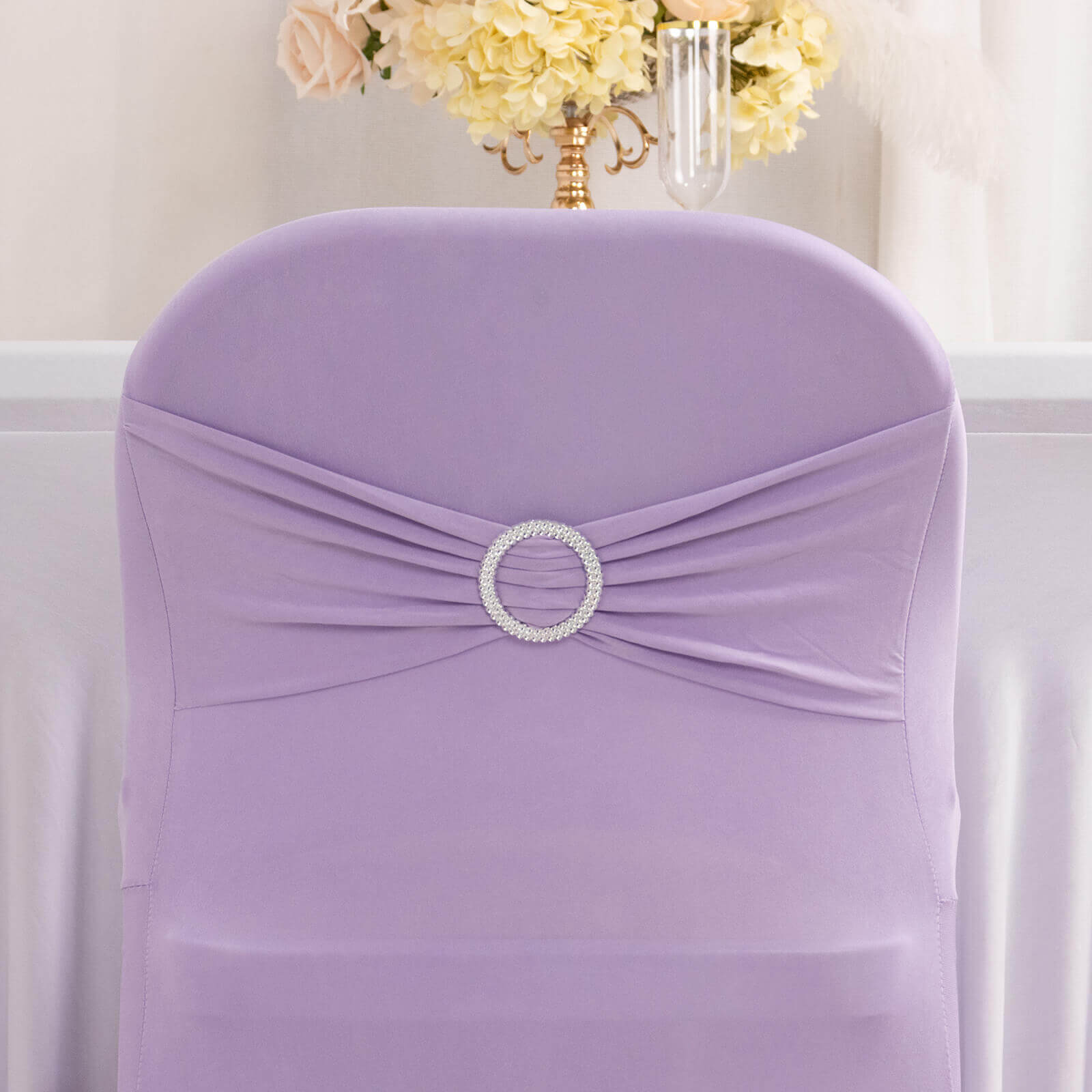 Stretch Spandex Chair Cover Lavender Lilac for Folding Chairs - Secure Fit Slipcover with Silver Rhinestone Buckled Sash Band