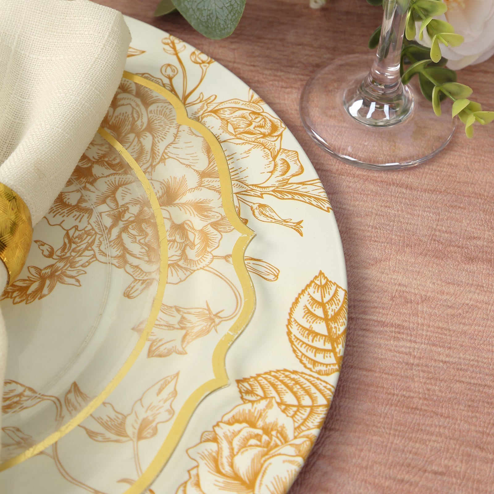 6-Pack Acrylic Round Charger Plates 13 in White with Gold Floral French Toile Pattern, Decorative Dinner Party Charger Tableware