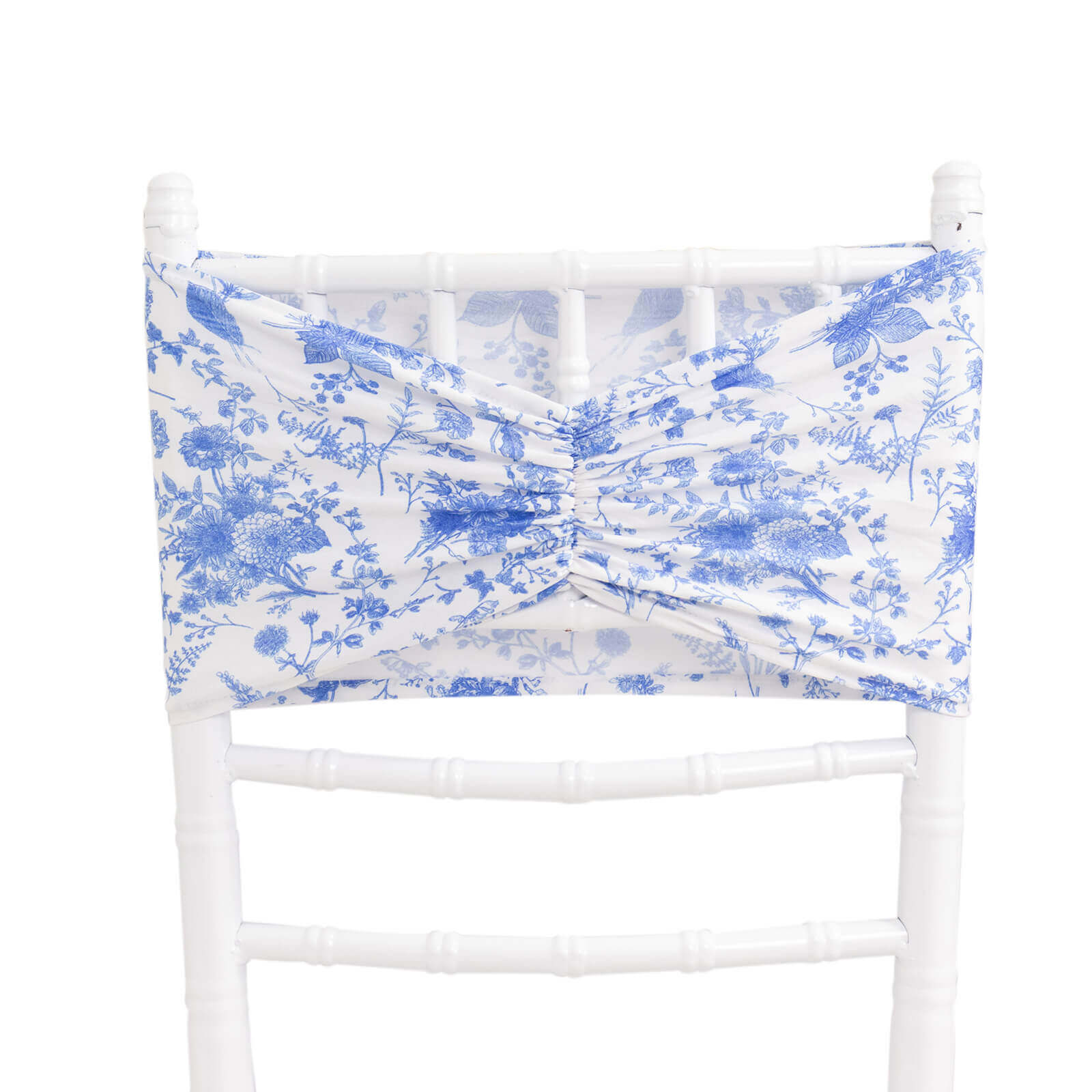 5 Pack Spandex Chair Sashes White/Blue French Toile Floral Pattern - Vintage-Inspired Wide Wrinkle-Free Stretchable Chair Bands 8x13