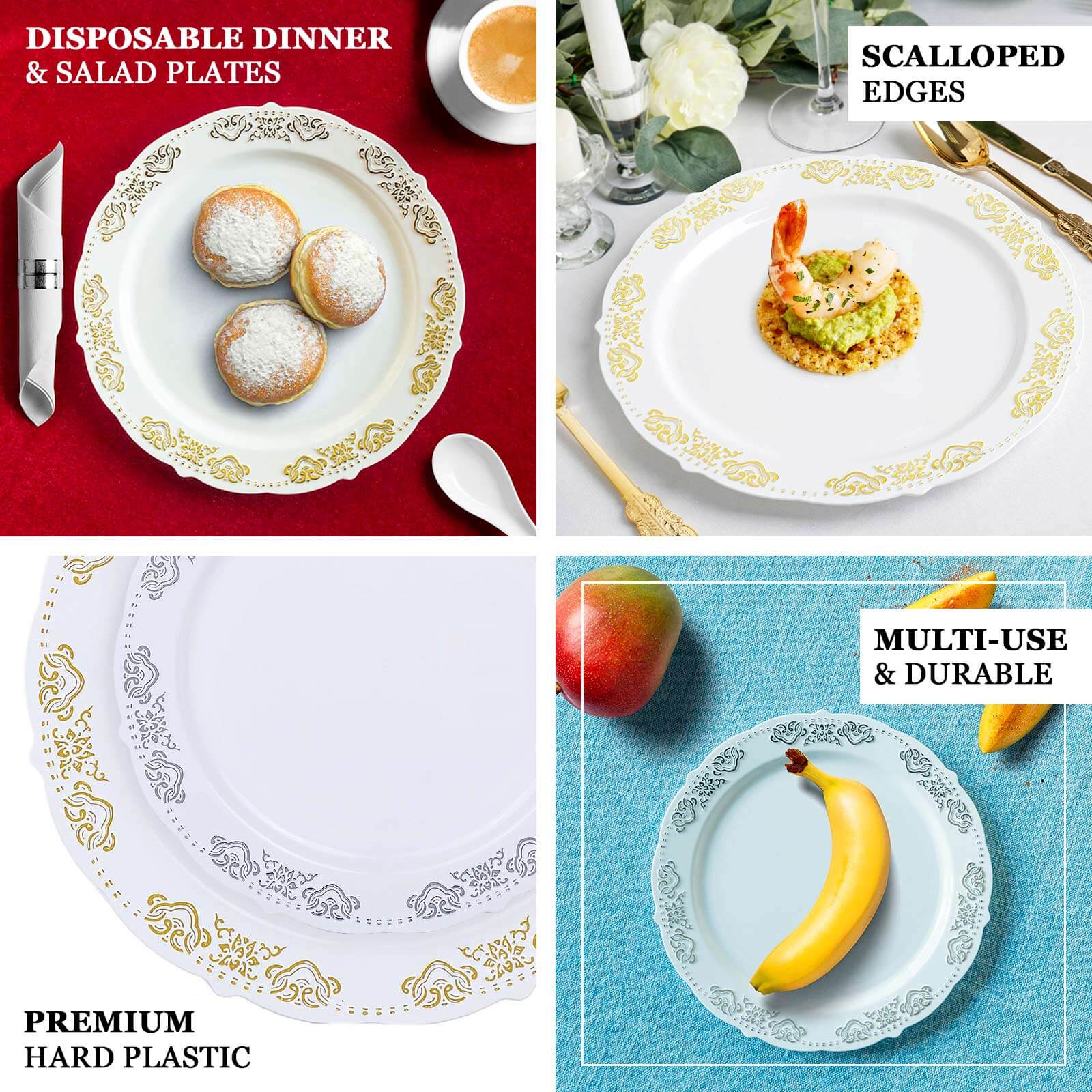 10-Pack Plastic 7.5 Round Appetizer Plates in White with Gold Embossed Scalloped Edge - Chic Disposable Salad Plates for Special Occasions & Banquets