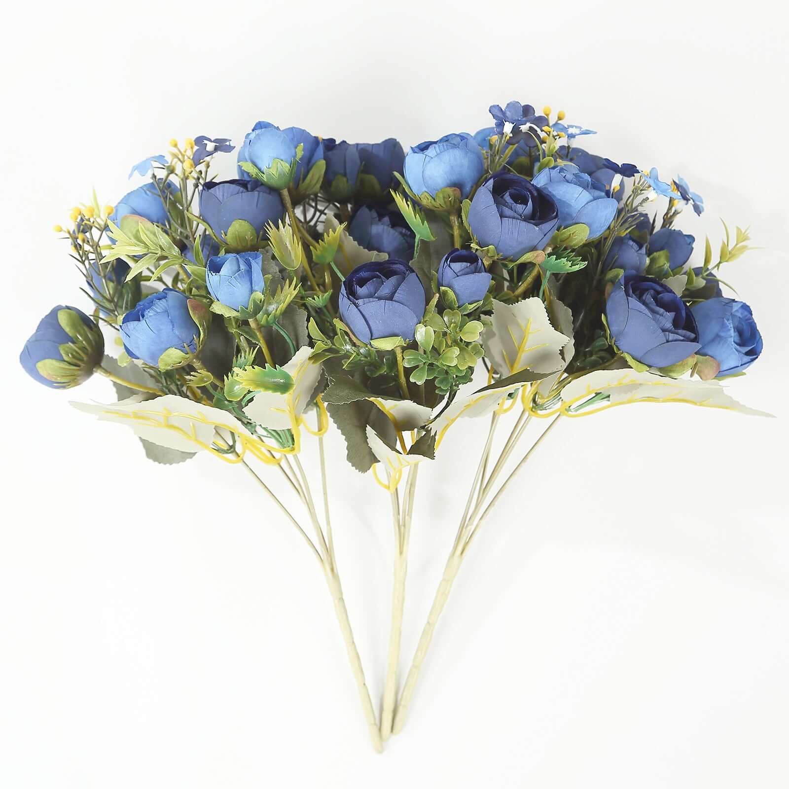 4 Pack 12 Artificial Navy Blue Ranunculus Silk Flower Bridal Bouquets, Faux Buttercup Floral Arrangement