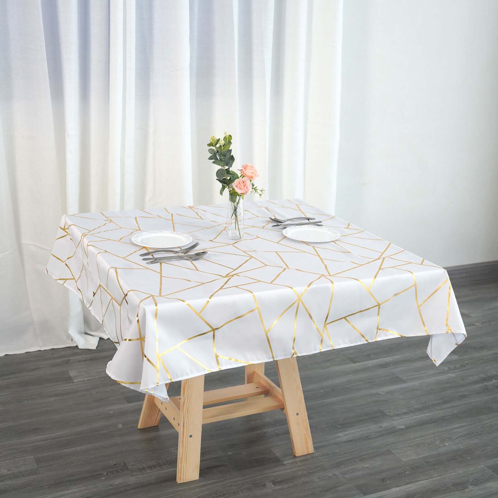 Polyester 54x54 Square Tablecloth White with Gold Foil Geometric Pattern - Wrinkle-Resistant & Durable for Stylish Settings