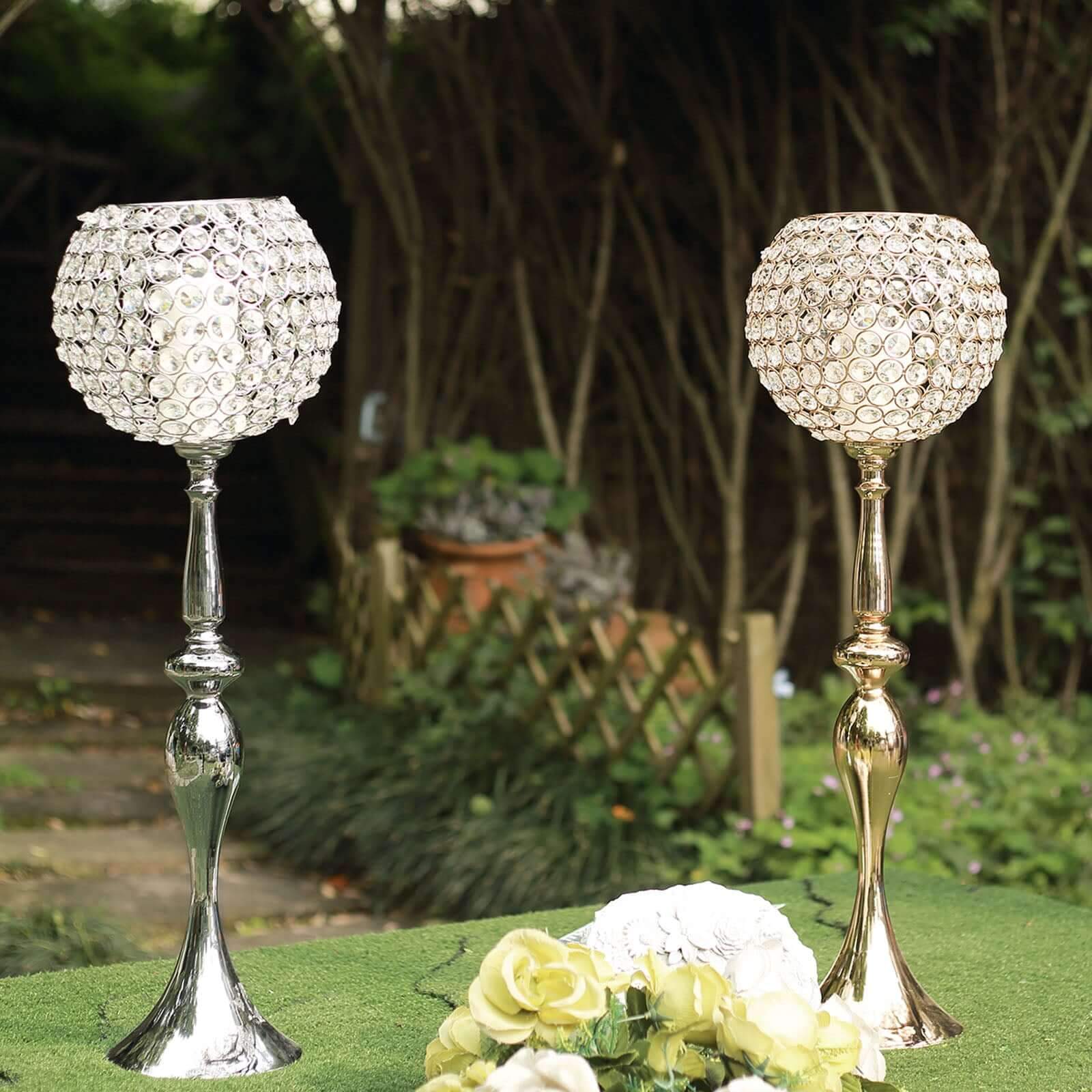 Acrylic Crystal Beaded Goblet Candle Holder Silver - Exquisite Flower Ball Centerpiece Stand for High-End Event Styling 30