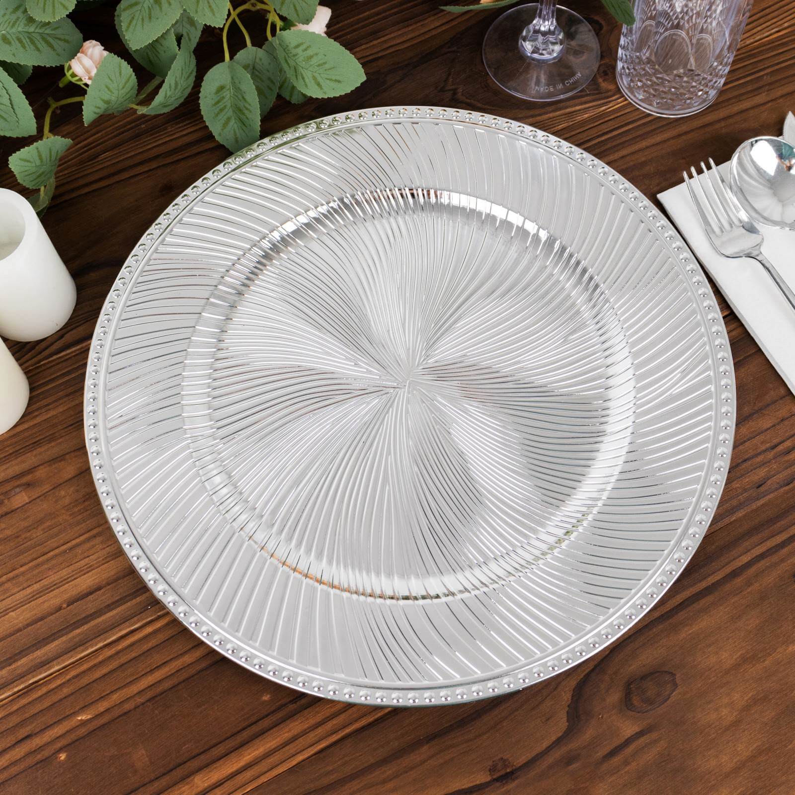 6-Pack Acrylic Round Charger Plates 13 in Metallic Silver Swirl Pattern with Beaded Rim, Plastic Decorative Dinner Party Charger Tableware