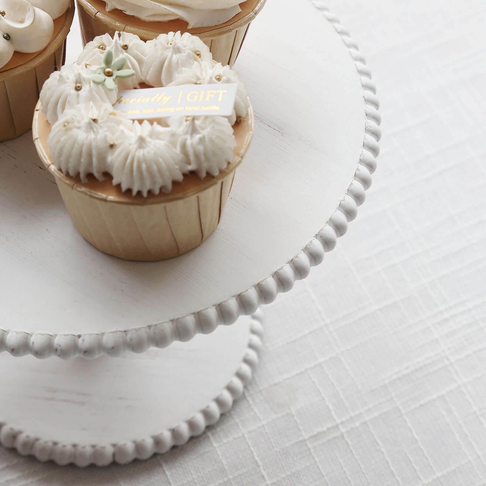 Set of 3 Wooden Pedestal Cake Stands Whitewash with Round Beaded Rim Trays - Stackable Rustic Cupcake Display 8, 10, 12