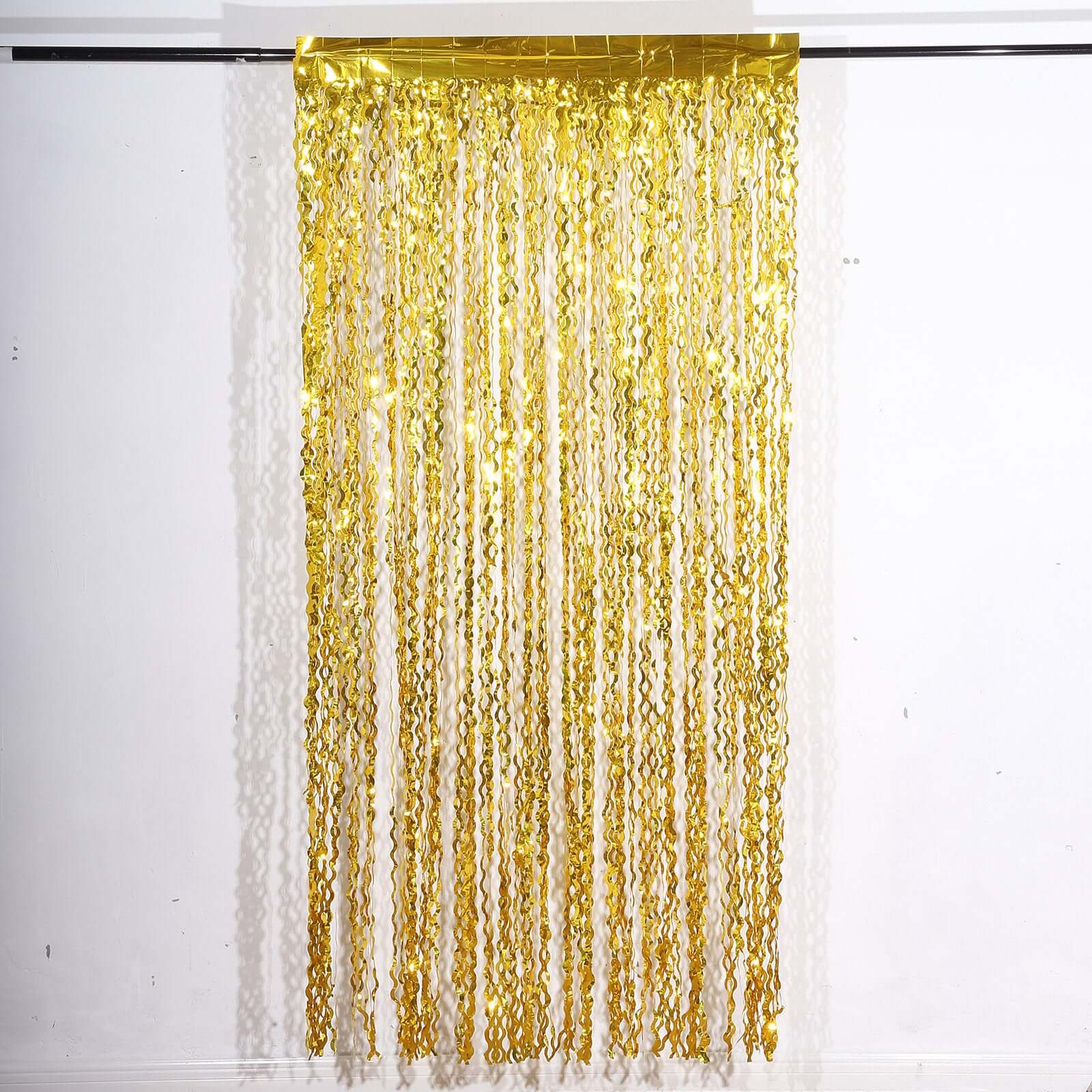 Metallic Gold Wavy Foil Fringe Party Backdrop, Curly Tinsel Streamer Photo Booth Curtain - 3ftx6ft