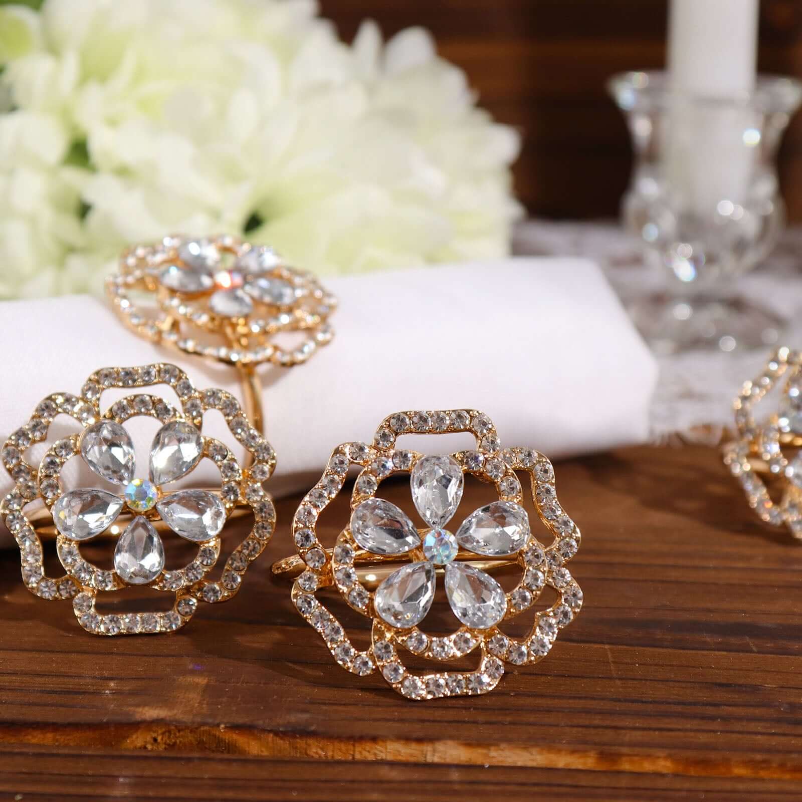 4 Pack Diamond Rhinestone Gold Metal Rose Flower Napkin Rings, Decorative Napkin Buckle Holders