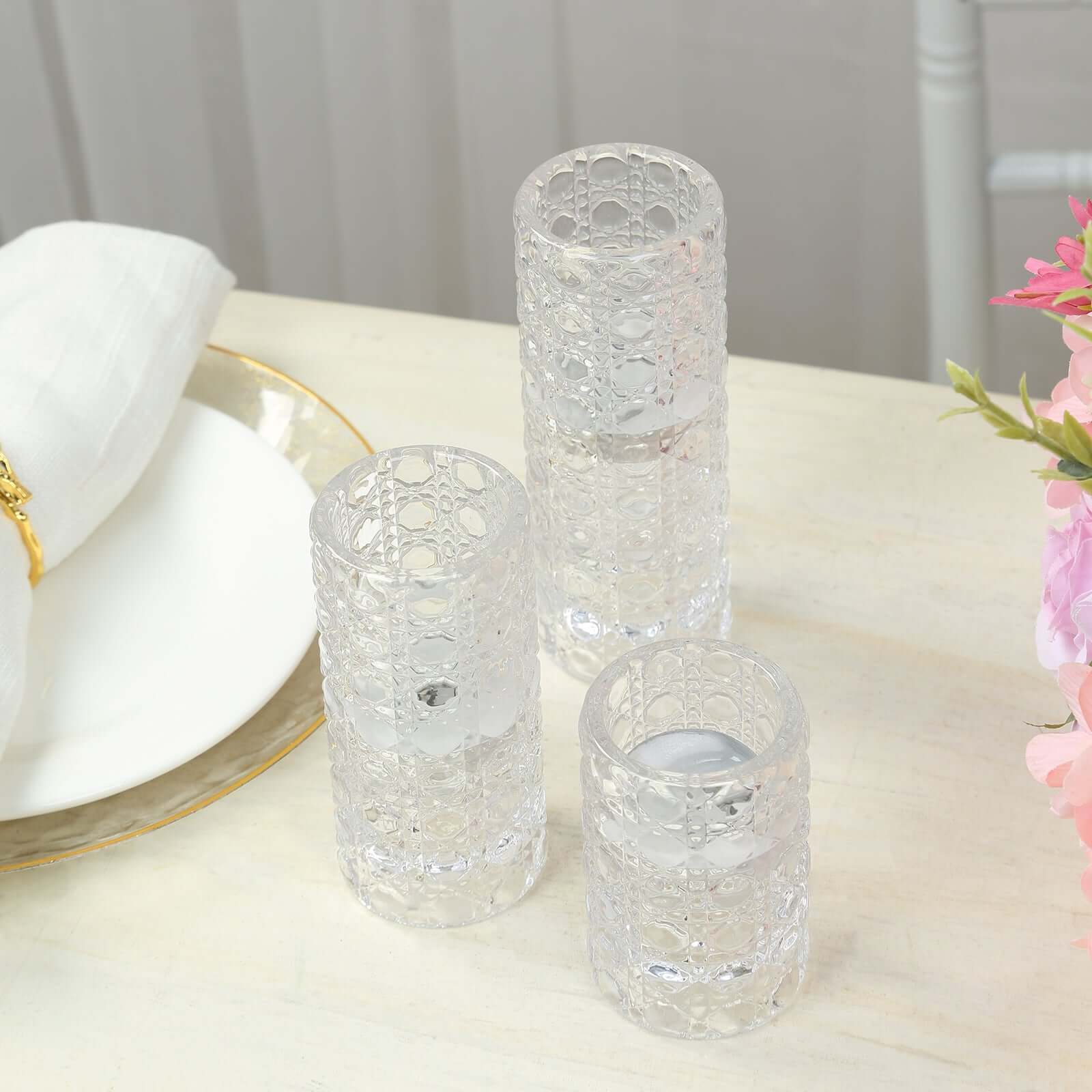 Set of 3 Glass Taper Candle Holders Clear with Gemstone Pattern - Dual Sided Crystal Cylinder Tealight Stands 3, 4, 5.5