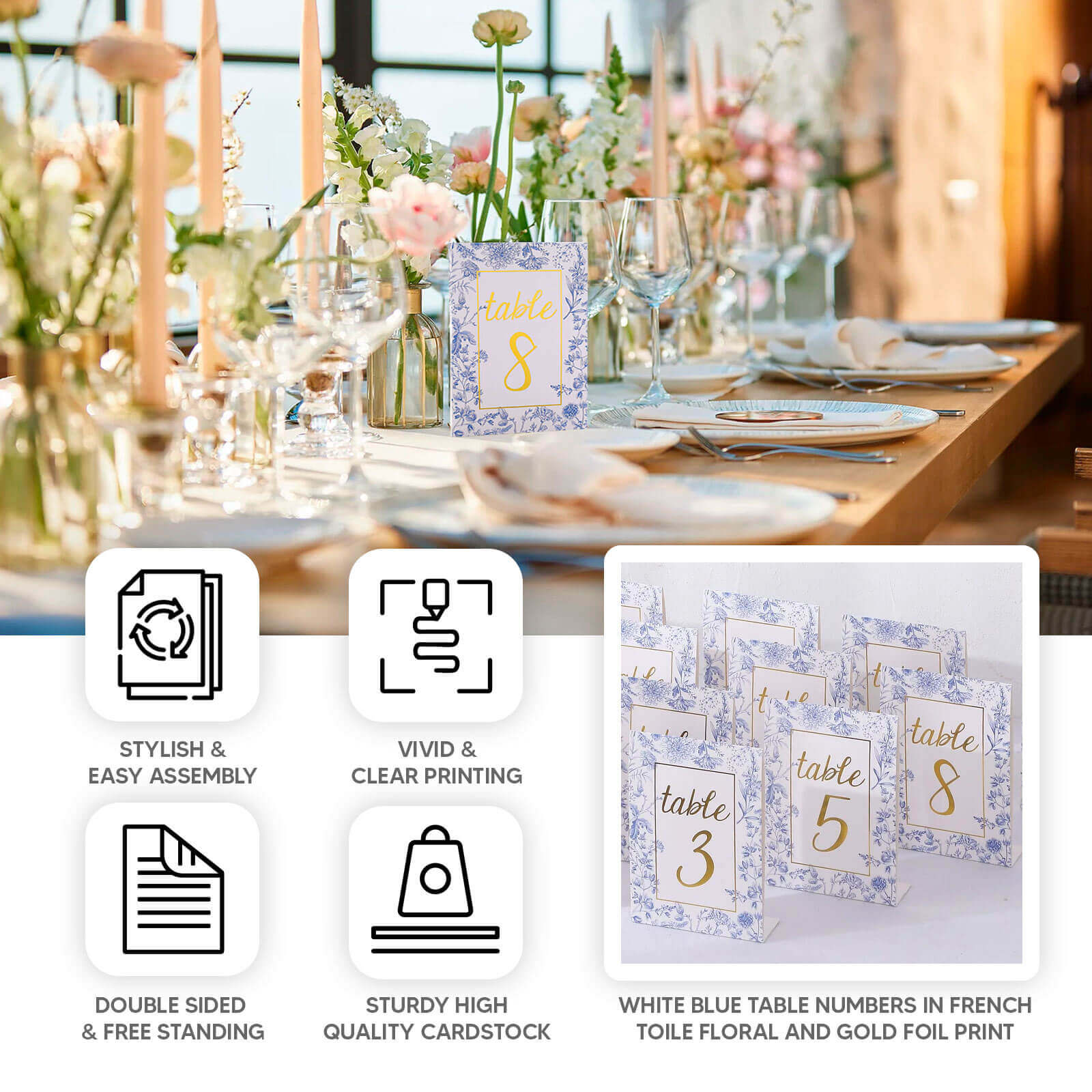 25-Pack Paper Wedding Table Numbers 1-25 White/Blue French Toile Design - Free Standing Double Sided Table Signs with Glam Gold Foil Numbers 7