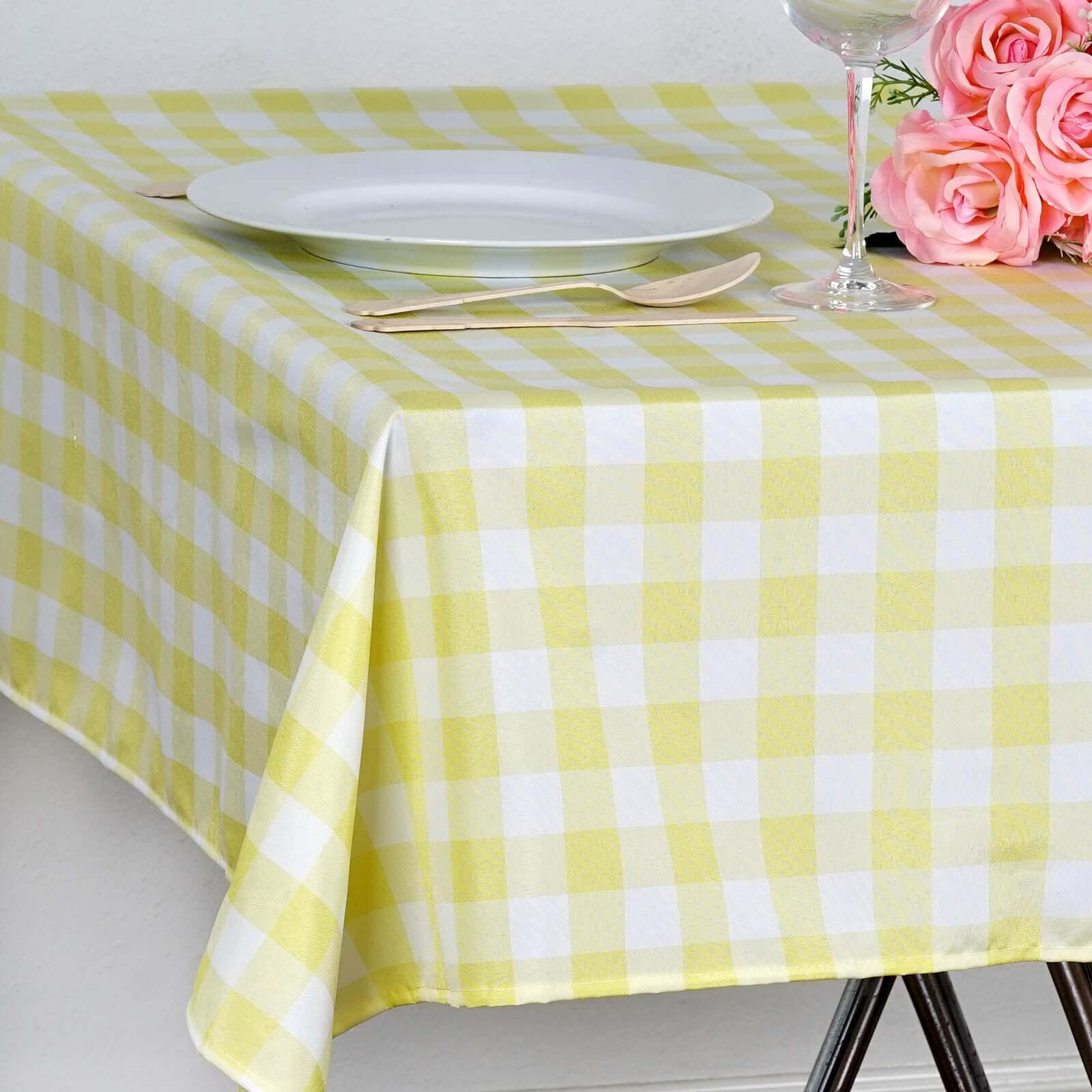 54x54 White Yellow Seamless Buffalo Plaid Square Table Overlay, Checkered Gingham Polyester Table Overlay